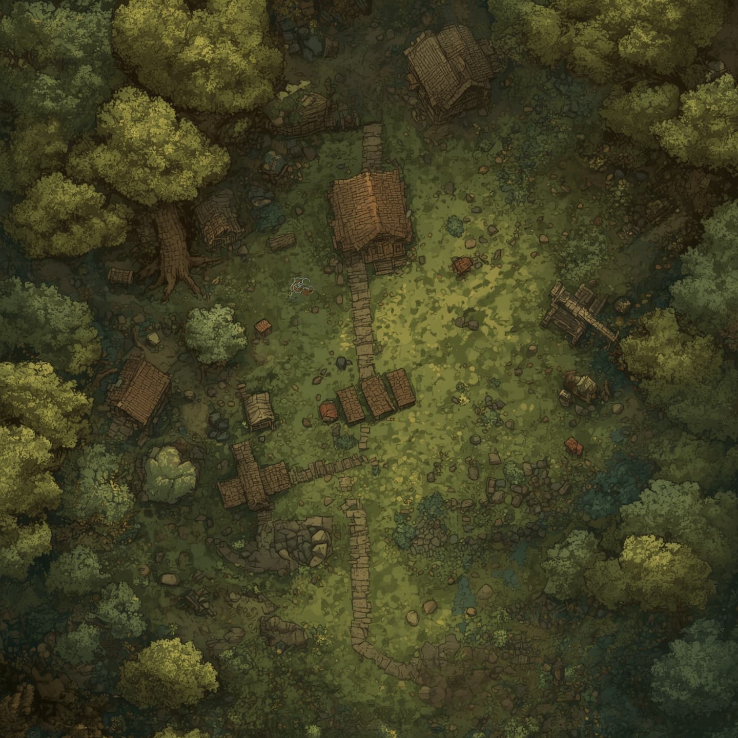 A goblin town in a swamp, top-down, from straight above, light coloring, for DnD, battle map, swamp