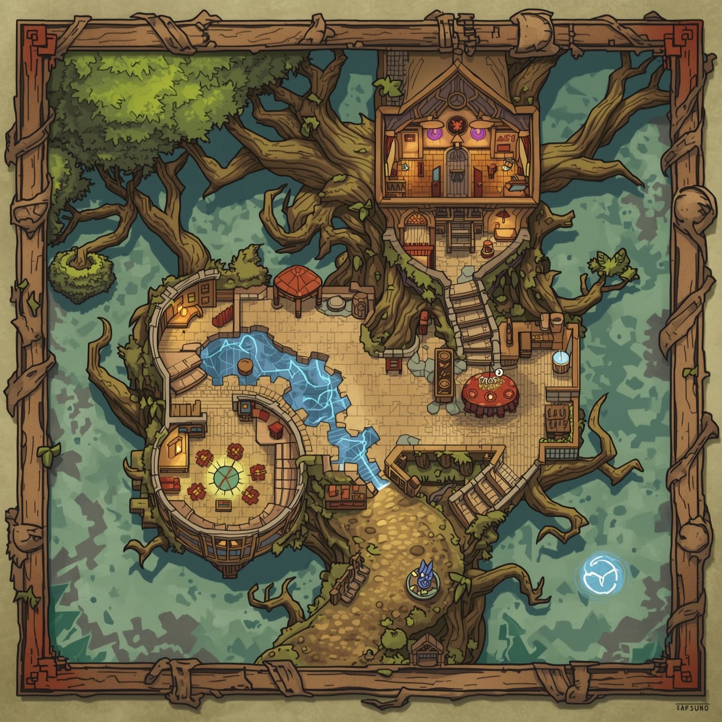 A whimsical magical treehouse, depicted in a top-down floorplan view, with a predominantly light color scheme, featuring intricate details and a sense of wonder, designed for use as a Dungeons and Dragons battlemap, with a stylized layout and framing that showcases the treehouse's unique architecture, including curved branches and twisting trunks, with various rooms and levels, and possibly some magical symbols or glowing runes, all presented in a vibrant and immersive style that brings the fantasy world to life.