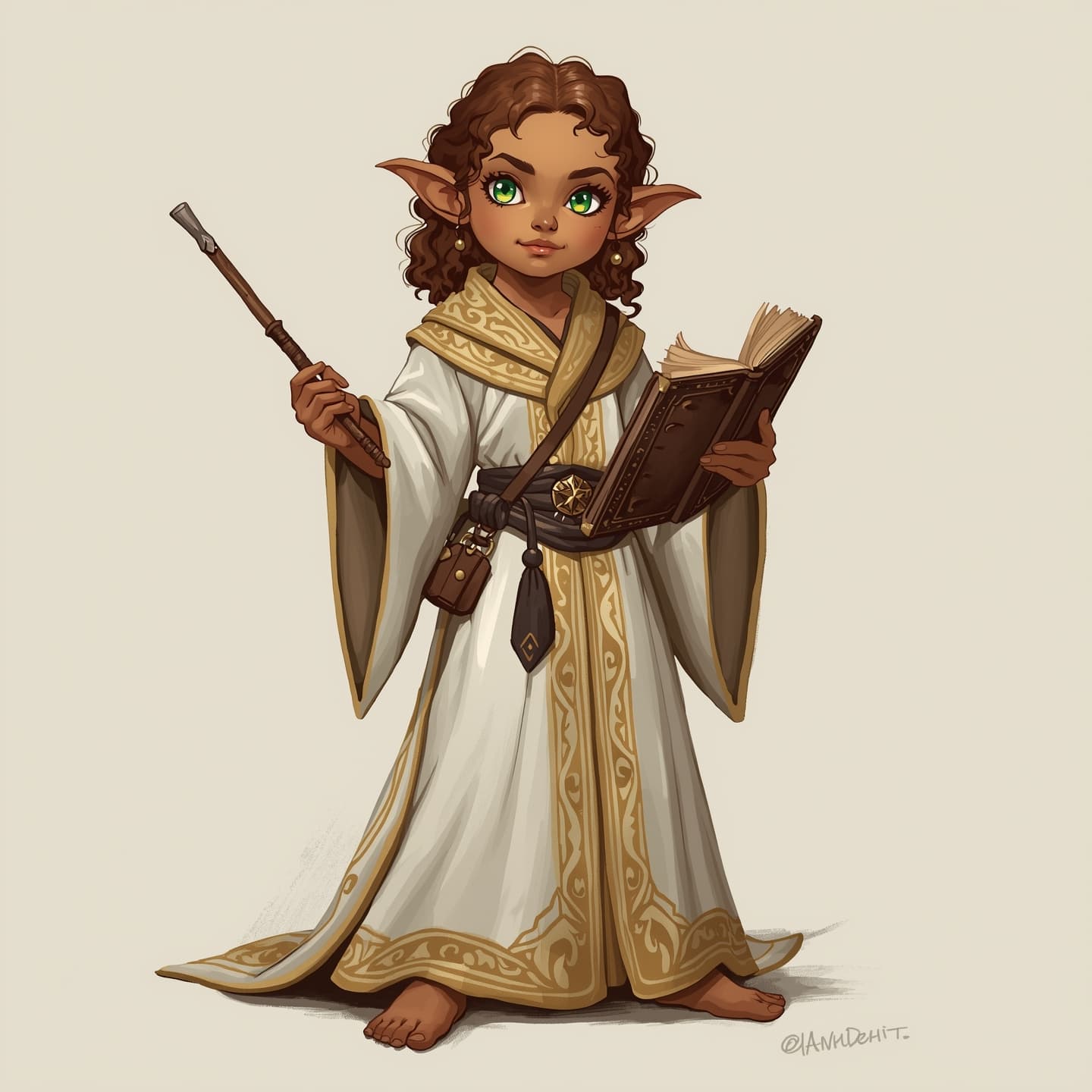 A delicate halfling wizard girl with pointed ears and curly brown hair, dressed in a long flowing white robe with intricate golden embroidery, stands proudly from head to toe, her bright green eyes sparkling with magic, her small hands grasping a worn leather-bound spellbook and a delicate wooden wand, her skin a warm olive tone, her features finely detailed in a hand-drawn style reminiscent of traditional fantasy art, with bold lines and vibrant textures, set against a plain neutral background to focus attention on the wizard girl herself.