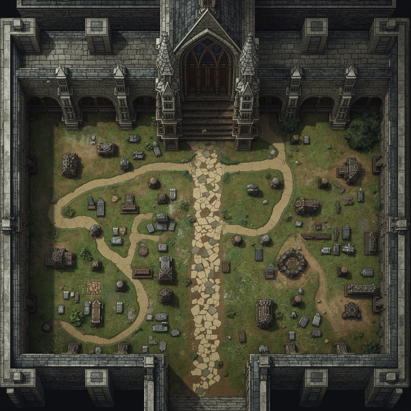 A centuries-old church with a sprawling graveyard, depicted as a battlemap in a top-down, floorplan view, specifically designed for Dungeons and Dragons, featuring intricate stone walls, stained glass windows, and a grand wooden entrance, with crumbling headstones, overgrown vegetation, and winding dirt paths in the graveyard, all meticulously detailed to facilitate immersive gameplay, with a mix of straight and curved lines, precise measurements, and a muted color palette to evoke a sense of history and foreboding.
