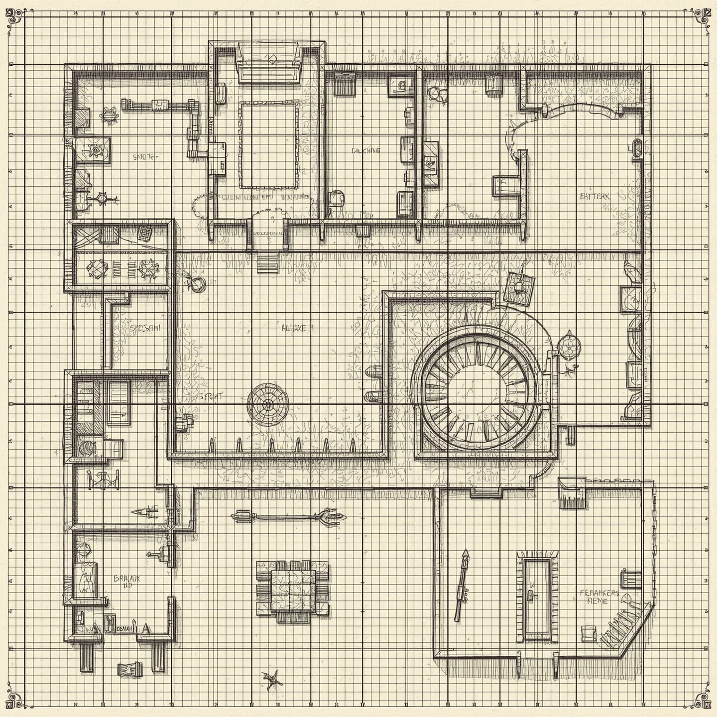 A highly detailed battlemap for Dungeons and Dragons in black and white, rendered in a hand drawn style with intricate lines and textures, presented in a floorplan view with precise measurements and scale, featuring a variety of room shapes and sizes, including corridors, chambers, and potentially hidden passages, all showcased on a grid system to facilitate gameplay, with hand drawn symbols and markings to denote different areas and points of interest, and a range of environmental features such as doors, windows, and stairways, all captured in a beautifully rendered and immersive hand drawn aesthetic.