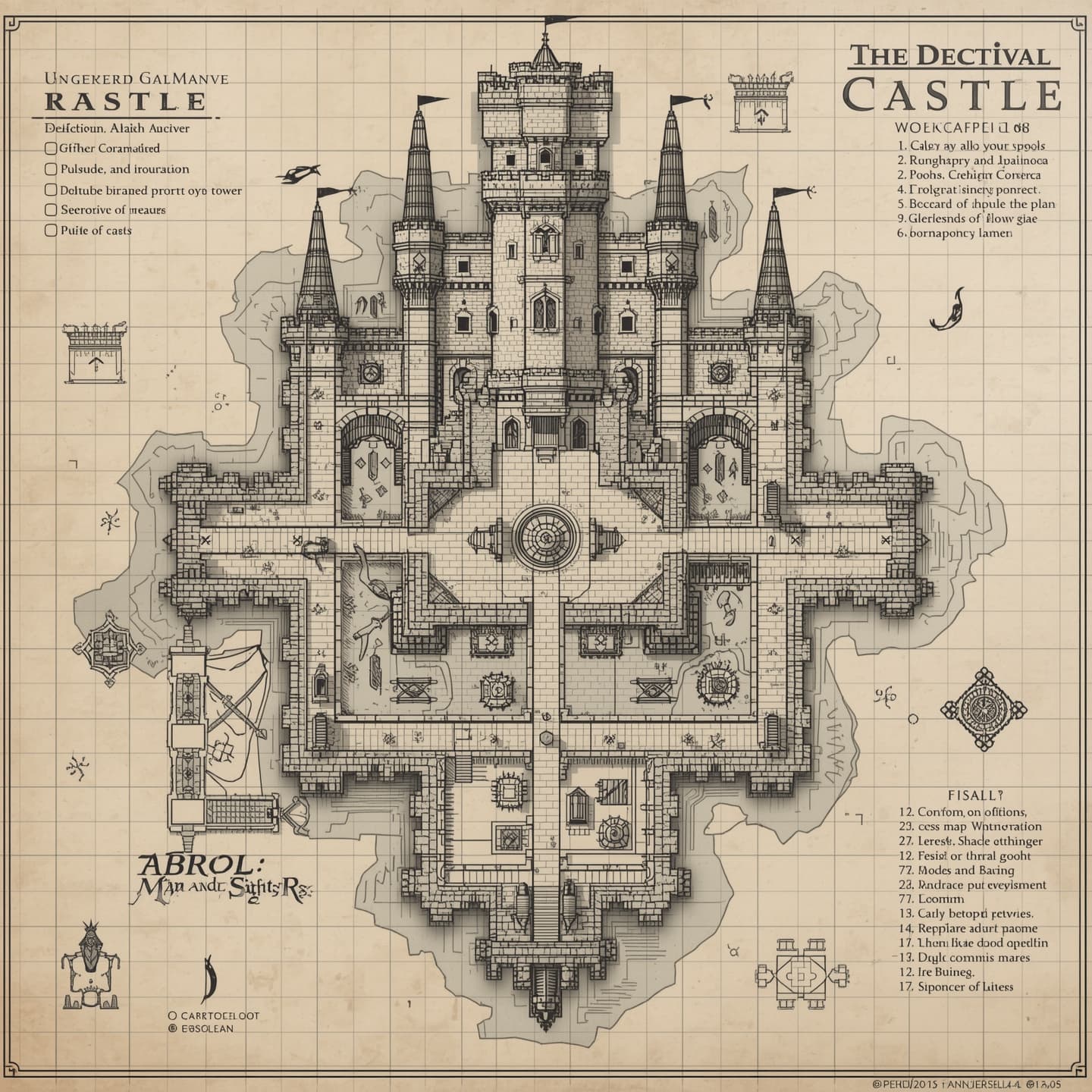 A medieval castle, intricately detailed battlemap for Dungeons and Dragons, rendered in black and white, hand drawn with varying line weights and textures, presented in a floorplan view, showcasing multiple levels and rooms, including a grand hall, towers, and a moat, with hand-drawn labels and symbols, on a grid system, with subtle shading to indicate depth and dimension, and a mix of straight and curved lines to create a sense of complexity and history.