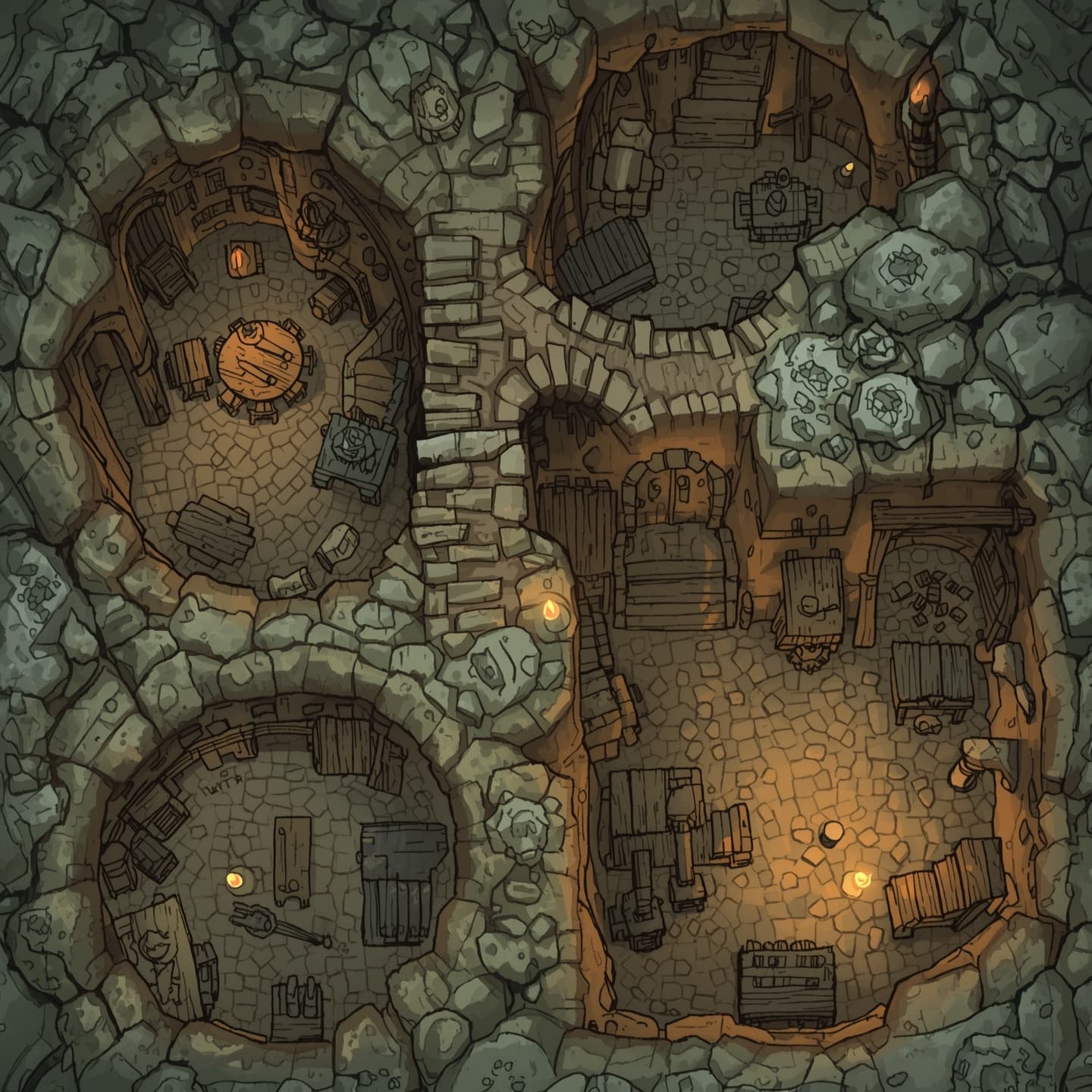 A hand-drawn goblin cave in a top-down floorplan view with a light coloring scheme, featuring intricate stone walls, twisted tunnels, and cavernous spaces, designed for use as a Dungeons and Dragons battlemap, with subtle texture and shading to give it a unique, hand-crafted appearance, including various goblin-made structures and furnishings, such as crude wooden bridges, rickety tables, and flickering torches, all carefully arranged to create a dynamic and immersive environment for DnD gameplay.