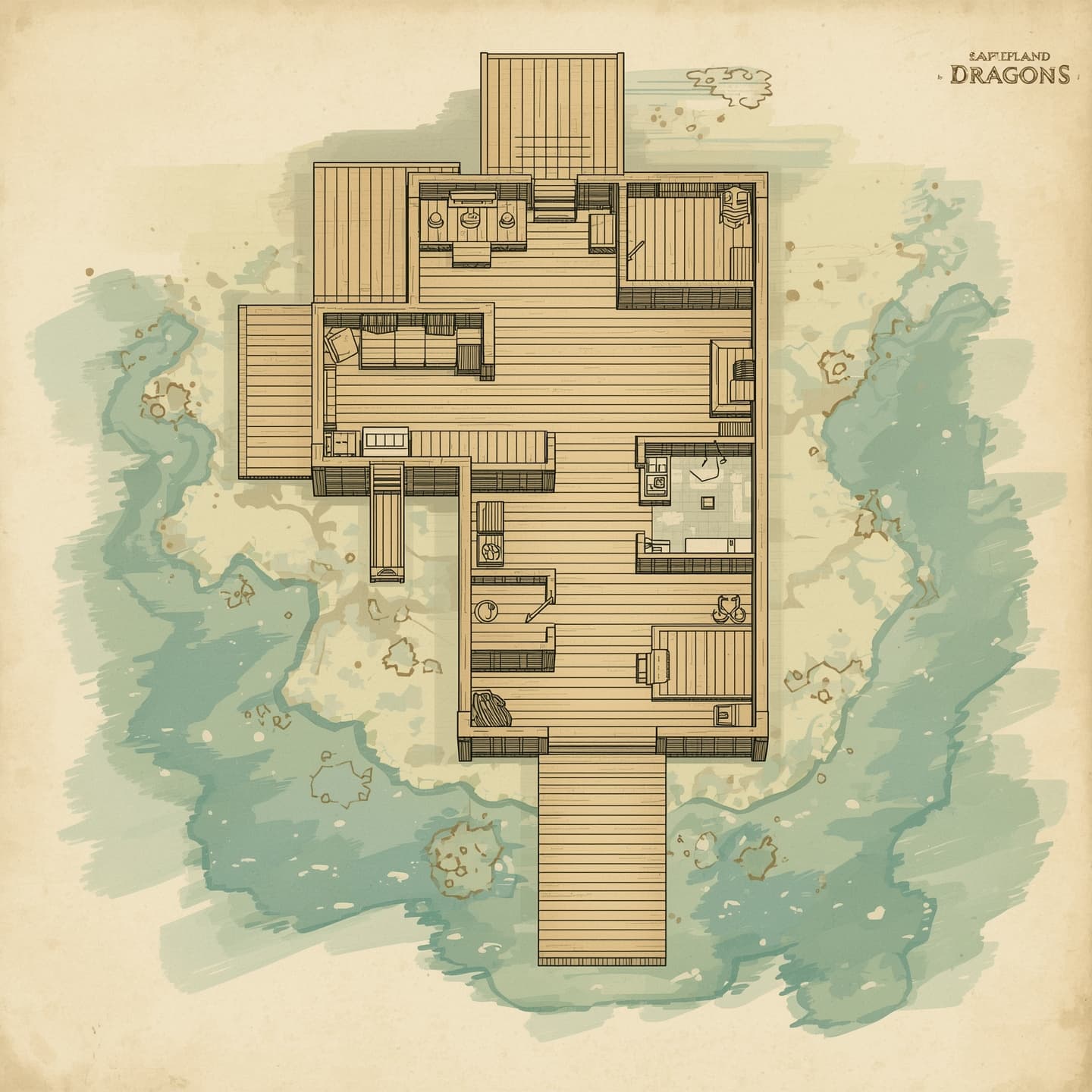 A hand-drawn top-down floorplan view of a house with a dock, featuring light-colored wooden structures and a serene water body, designed for use as a Dungeons and Dragons battlemap, with intricate details and a unique hand-crafted aesthetic, including delicate lines, gentle shading, and soft textures, set against a clean and minimalist background to facilitate gameplay and storytelling.