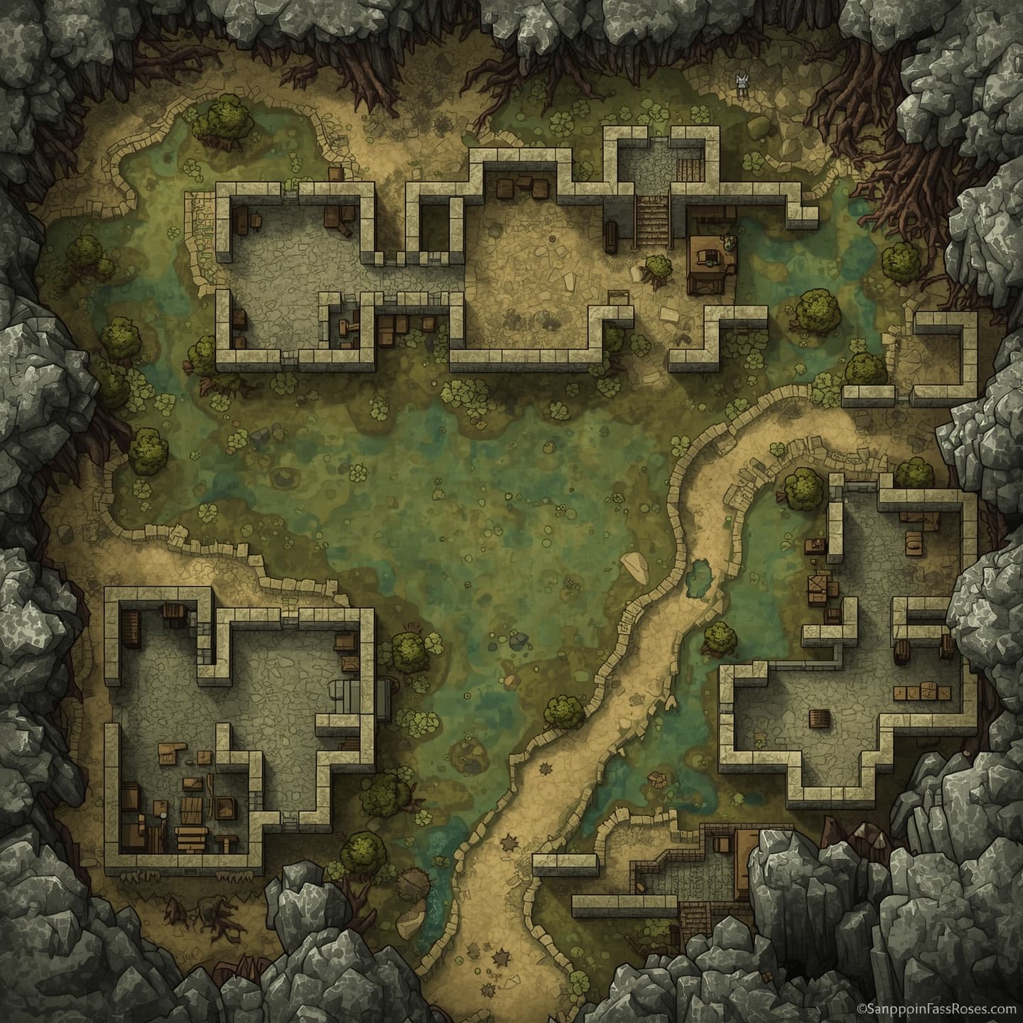 A top-down floorplan view of a network of caves, rendered in a light color palette, intended for use as a dungeon map in a Dungeons and Dragons campaign, featuring a swamp environment with winding waterways, murky puddles, and twisted tree roots, the map detailed with various room shapes and sizes, passageways, and potential encounter areas, all presented in a visually appealing and easy-to-read format, with subtle shading and texture to convey depth and atmosphere, and including notable terrain features such as rocky outcroppings, steep cliffs, and mysterious underground formations.