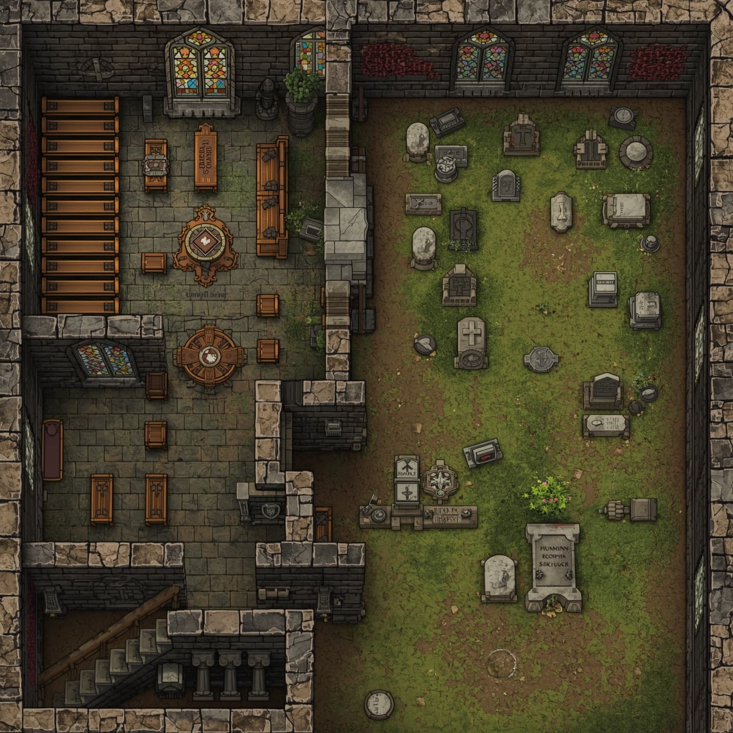 A detailed old church floorplan with a graveyard located at the back, presented in a battlemap style with a top down view, specifically designed for use in Dungeons and Dragons, featuring stone walls, wooden pews, and stained glass windows, with various graves and tombstones scattered throughout the graveyard, each with intricate carvings and faded epitaphs, the entire scene rendered in a mix of earthy tones and muted colors, with the church's interior and graveyard carefully laid out to facilitate strategic gameplay and exploration.