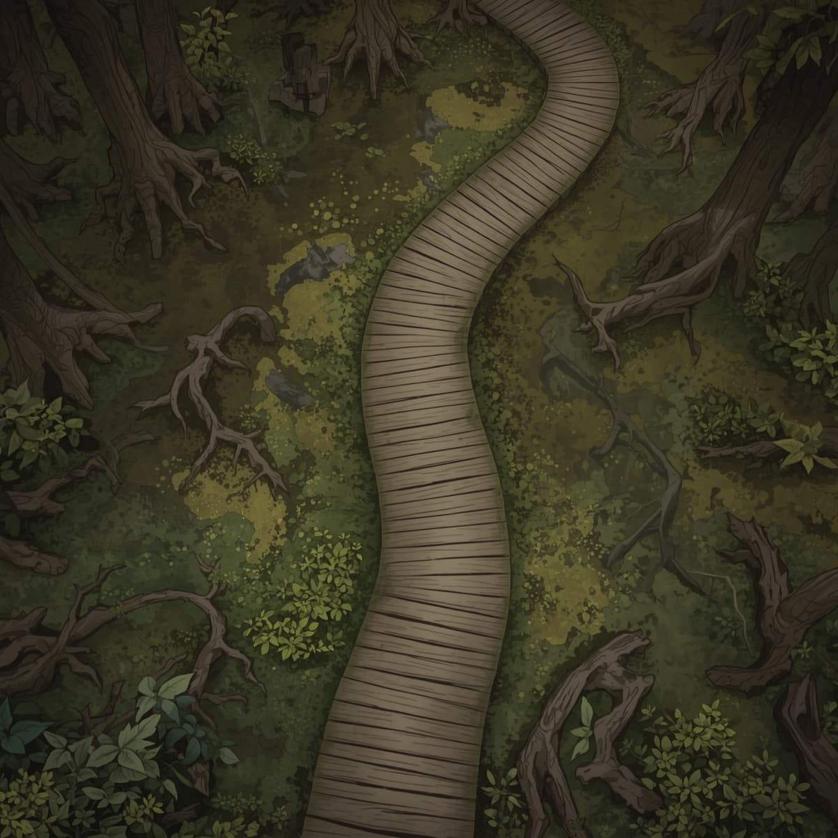 A serene wooden path winding through a dense swamp, viewed from directly above, with a muted light coloring palette, intended for a Dungeons and Dragons wilderness map, featuring a vast expanse of murky waters, twisted cypress trees, and lush green vegetation, with the wooden path guiding adventurers through the treacherous terrain, surrounded by an atmosphere of mystery and danger, incorporating earthy tones such as olive green, brown, and beige, with the path itself weathered to a soft gray, blending seamlessly into the swamp's natural environment.