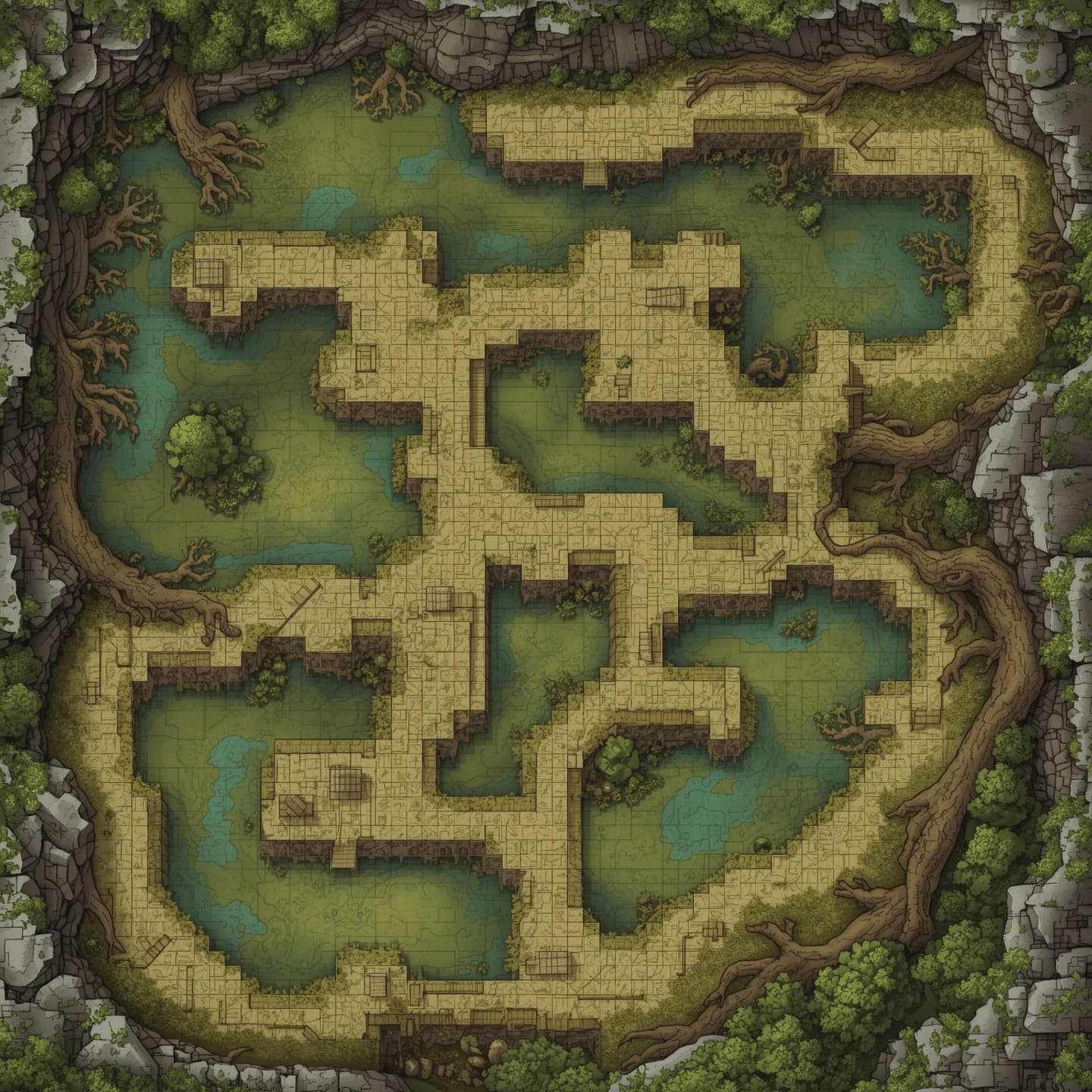 A top-down floorplan view of a network of caves, rendered in a light color palette, intended for use as a dungeon map in a Dungeons and Dragons campaign, featuring a swamp environment with winding waterways, murky puddles, and twisted tree roots, the map detailed with various room shapes and sizes, passageways, and potential encounter areas, all presented in a visually appealing and easy-to-read format, with subtle shading and texture to convey depth and atmosphere, and including notable terrain features such as rocky outcroppings, steep cliffs, and mysterious underground formations.