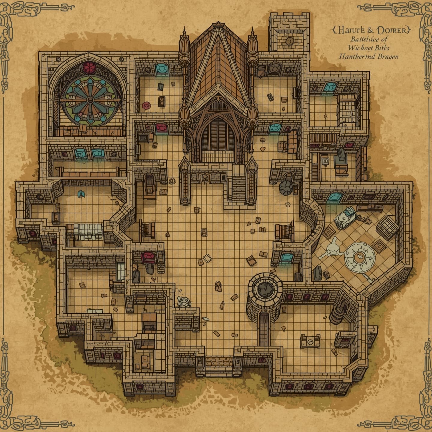 A intricately detailed church with multiple rooms and chambers, designed as a battlemap for Dungeons and Dragons, rendered in a hand-drawn style with varying line weights and textures, featuring a combination of stone, wooden, and stained glass elements, with warm earthy tones and muted colors, including shades of brown, beige, and gray, and possibly some vibrant colors from the stained glass windows, the layout should include a large central hall with a high vaulted ceiling, several smaller rooms and corridors, and possibly a tower or a courtyard, with meticulous attention to architectural details and a sense of aged wear and tear, the hand-drawn style should evoke a sense of medieval craftsmanship and fantasy world-building.