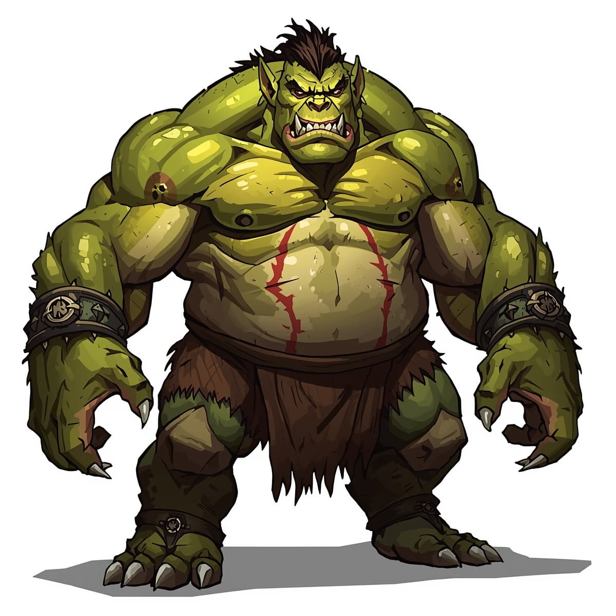 A large, muscular Ogre with green, scaly skin and sharp teeth, standing in a neutral pose, set against a transparent or empty space, viewed from a direct, frontal angle, with a focus on the creature's facial features, including a prominent underbite, small, beady eyes, and a distinctive, bony ridge running along its forehead, rendered in a highly detailed, fantasy art style, with bold lines, vibrant colors, and textured, organic shapes, suitable for use in Dungeons and Dragons, with a sense of dynamic energy and power emanating from the character's stance and expression.