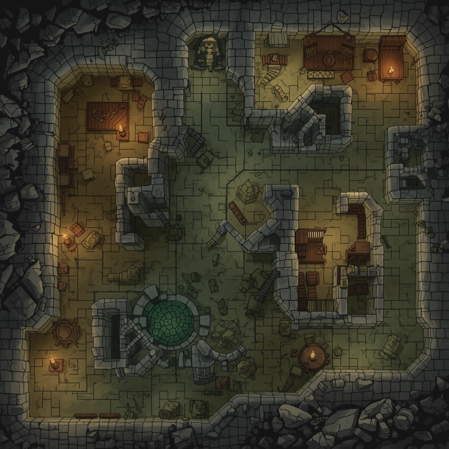 Goblin caves in a top-down floorplan view with a light coloring scheme, featuring a mixture of earthy tones and muted greens, designed for Dungeons and Dragons as a battle map, with winding tunnels, large caverns, and smaller chamber rooms, including goblin-sized furniture and crude torches on the walls, with a subtle grid pattern overlaid to facilitate gameplay, and various environmental obstacles such as rocks, debris, and treacherous pitfalls, all illuminated by a soft, diffuse light to create an eerie atmosphere.