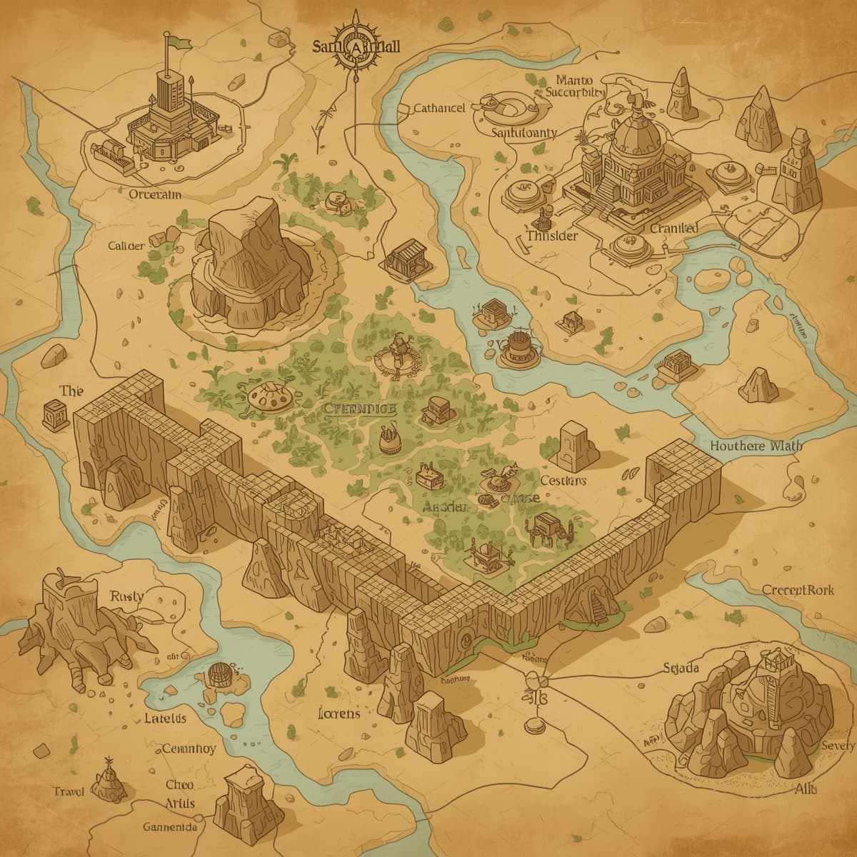 A intricately illustrated desert map, devoid of any background, specifically designed for Dungeons and Dragons, featuring a detailed network of sandy dunes, oases, and rocky outcrops, with a worn, parchment-like texture, and a range of geographical landmarks and points of interest, including ancient ruins, hidden temples, and treacherous sandstone canyons, all meticulously crafted in a fantasy style, with a warm, earthy color palette, and adorned with cryptic symbols, mysterious runes, and subtle grid lines, waiting to be explored by brave adventurers.
