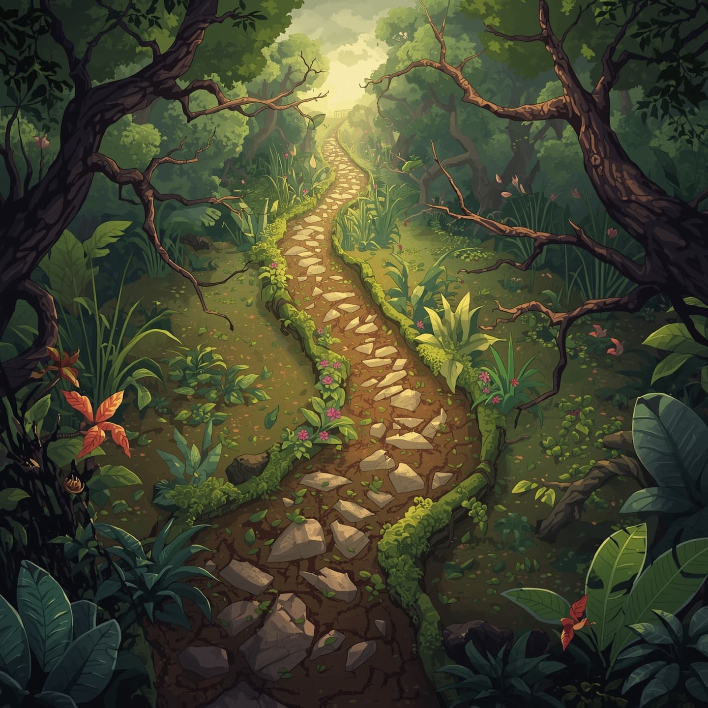 A serene and mystical path winds through a dense and vibrant swamp, viewed from directly above, with soft and warm light coloring, intended for a Dungeons and Dragons battle map, featuring a variety of lush green vegetation, murky brown waters, and twisted tree branches, with the path meandering through the center, surrounded by an assortment of exotic plants and flowers, under a cloudy sky with the sun peeking through, casting dappled shadows across the landscape.