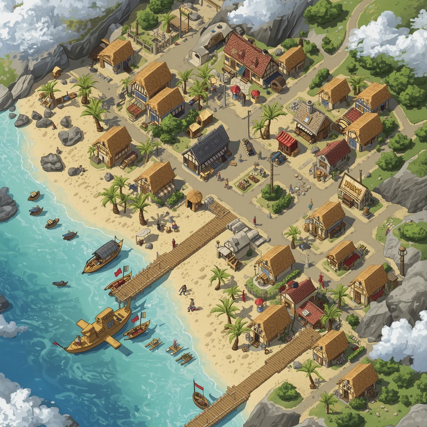 A serene coastal town unfolded in a top-down floorplan view, with light-colored buildings, sandy beaches, and meandering streets, crafted in a hand-drawn style, featuring a mix of small cottages, shops, and inns, with the town's central square positioned near the shoreline, surrounded by palm trees and vibrant market stalls, all set against a soft blue sky with fluffy white clouds, created for use as a Dungeons and Dragons battlemap, with intricate details and textures, inviting players to explore its charming streets and hidden alleyways.