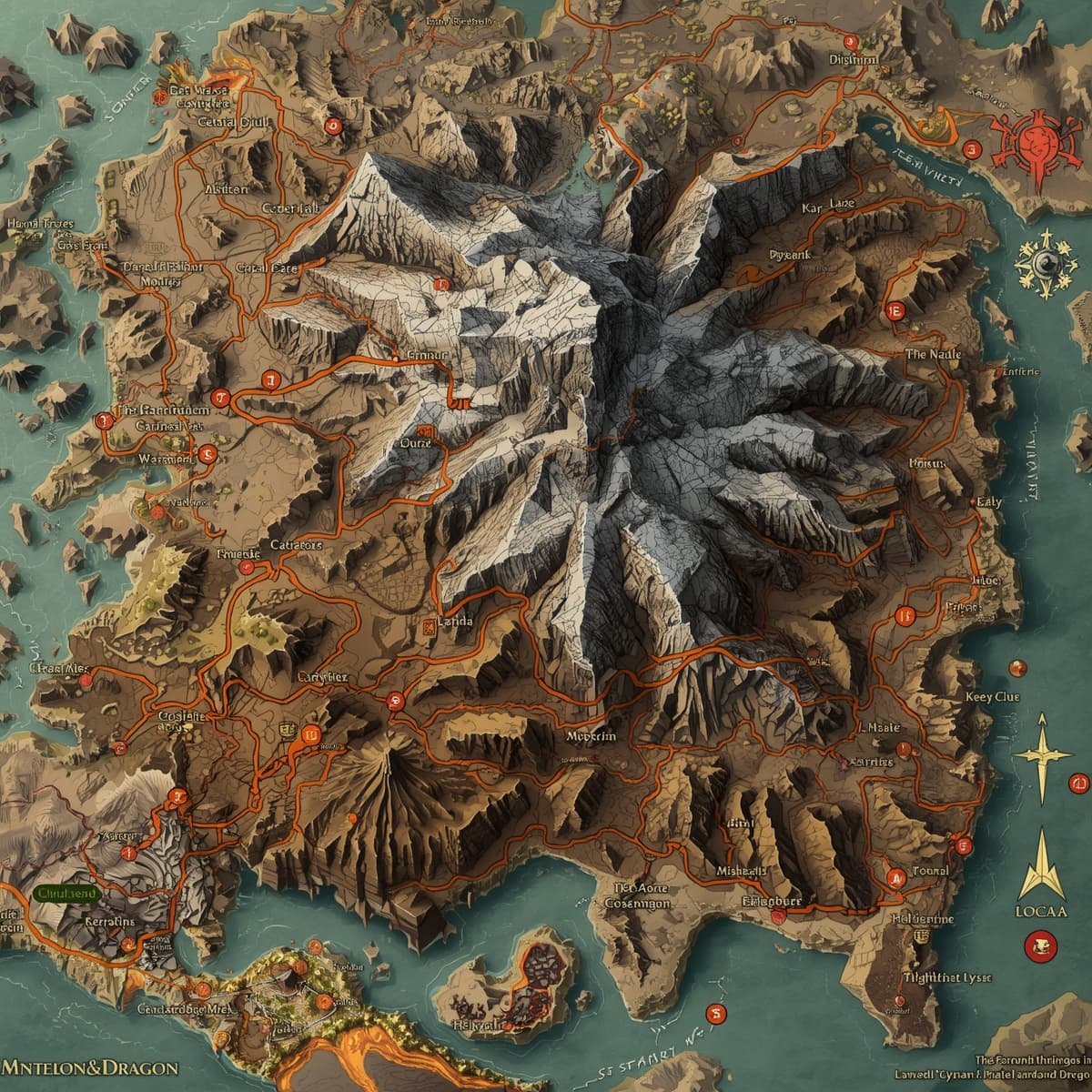 A detailed volcano map with intricate illustrations of mountainous terrain, lava flows, and volcanic peaks, set against a transparent background, designed specifically for use in Dungeons and Dragons, featuring a mix of earthy tones such as browns, tans, and grays, with bold black lines and labels to highlight notable locations and terrain features, including winding paths, rocky outcroppings, and potentially hidden dangers, all presented in a fantasy-style cartography with ornate font styles and symbols, inviting players to explore the volcanic landscape.