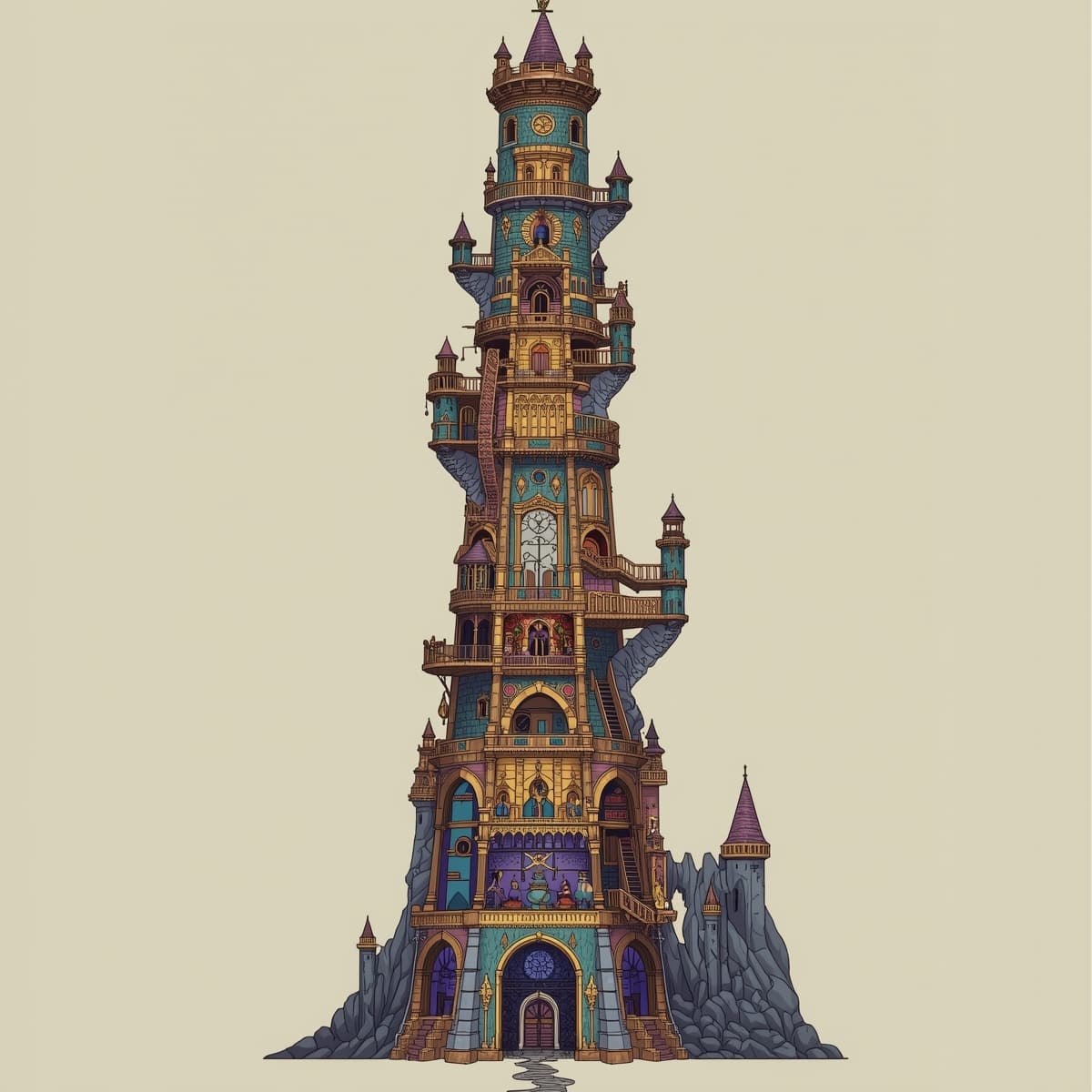 A detailed illustration of a multilevel wizards tower, depicted from head to toe, with intricate architectural features, staircases, and balconies, set against a neutral blank space, showcasing the tower's internal layout and structures, with a mix of mystical and ancient elements, featuring a grand entrance, multiple levels of spellcasting chambers, laboratories, and observatories, all carefully crafted for use in Dungeons and Dragons, with a focus on showcasing the tower's grandeur and magical aura, incorporating a sense of mysticism and wonder, with bold lines, vibrant colors, and meticulous details, highlighting the wizard's lair as a place of ancient wisdom, magical discovery, and powerful spellcasting.