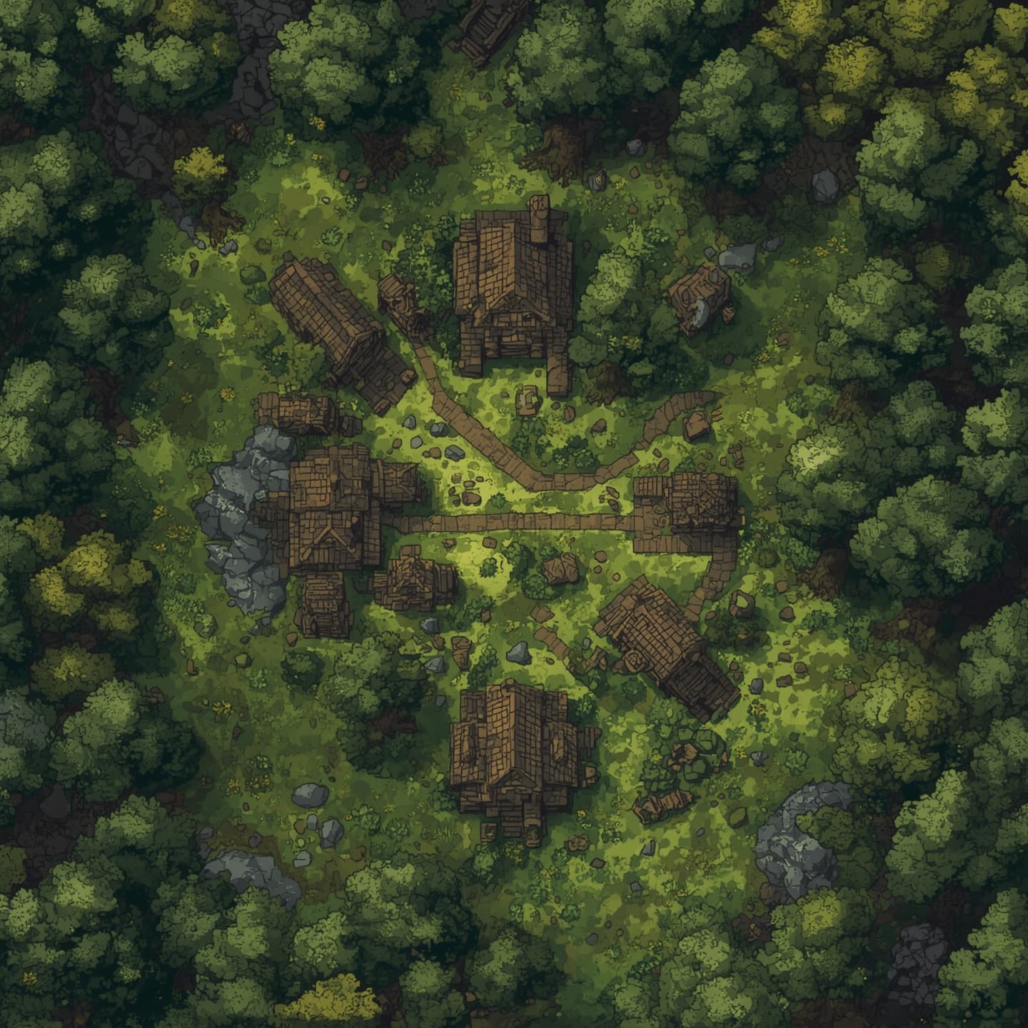A goblin town in a swamp, top-down, from straight above, light coloring, for DnD, battle map, swamp