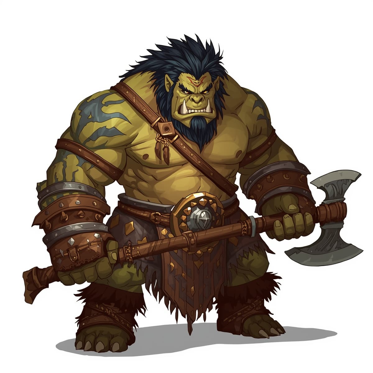 A detailed illustration of a muscular orc, isolated on a blank canvas, for use in Dungeons and Dragons, featuring sharp teeth, a prominent underbite, and piercing yellow eyes, with greenish-brown skin and a messy black mane, wearing a mixture of leather and metal armor, adorned with tribal patterns and scars, holding a large battle-axe in its right hand, with a fierce expression, showcasing its intense warrior demeanor.