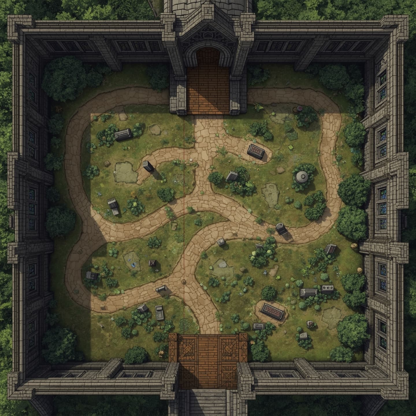 A centuries-old church with a sprawling graveyard, depicted as a battlemap in a top-down, floorplan view, specifically designed for Dungeons and Dragons, featuring intricate stone walls, stained glass windows, and a grand wooden entrance, with crumbling headstones, overgrown vegetation, and winding dirt paths in the graveyard, all meticulously detailed to facilitate immersive gameplay, with a mix of straight and curved lines, precise measurements, and a muted color palette to evoke a sense of history and foreboding.