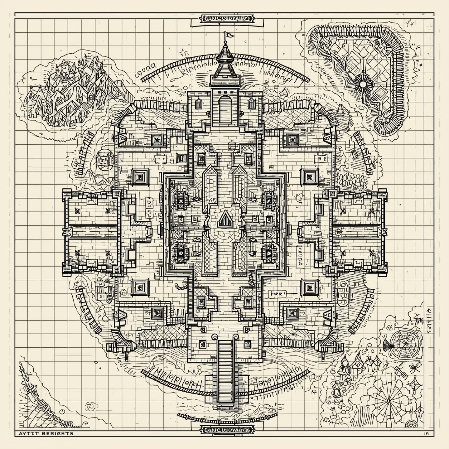 A medieval castle, intricately detailed battlemap for Dungeons and Dragons, rendered in black and white, hand drawn with varying line weights and textures, presented in a floorplan view, showcasing multiple levels and rooms, including a grand hall, towers, and a moat, with hand-drawn labels and symbols, on a grid system, with subtle shading to indicate depth and dimension, and a mix of straight and curved lines to create a sense of complexity and history.