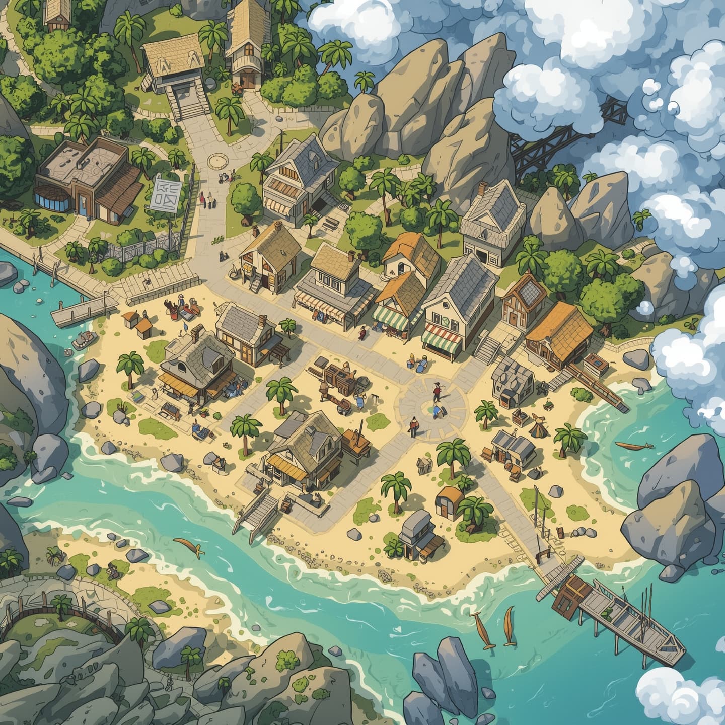 A serene coastal town unfolded in a top-down floorplan view, with light-colored buildings, sandy beaches, and meandering streets, crafted in a hand-drawn style, featuring a mix of small cottages, shops, and inns, with the town's central square positioned near the shoreline, surrounded by palm trees and vibrant market stalls, all set against a soft blue sky with fluffy white clouds, created for use as a Dungeons and Dragons battlemap, with intricate details and textures, inviting players to explore its charming streets and hidden alleyways.