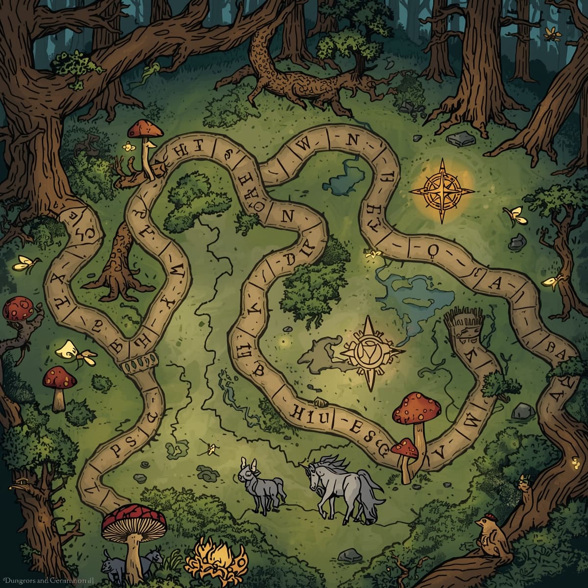 A detailed illustration of a mystical forest map, devoid of any background, specifically designed for Dungeons and Dragons, featuring winding pathways, ancient trees, glowing mushrooms, and twinkling fireflies, with intricate symbols, runes, and markings that glow with a soft, ethereal light, and a compass rose with delicate, swirl-like patterns, all rendered in a whimsical, hand-drawn style with earthy tones, mossy greens, and sky blues, and adorned with fantastical creatures, such as unicorns, dragons, and phoenixes, in the distance, with bold lines, and ornate lettering, and a sense of wonder and enchantment, inviting players to explore the magic that lies within.