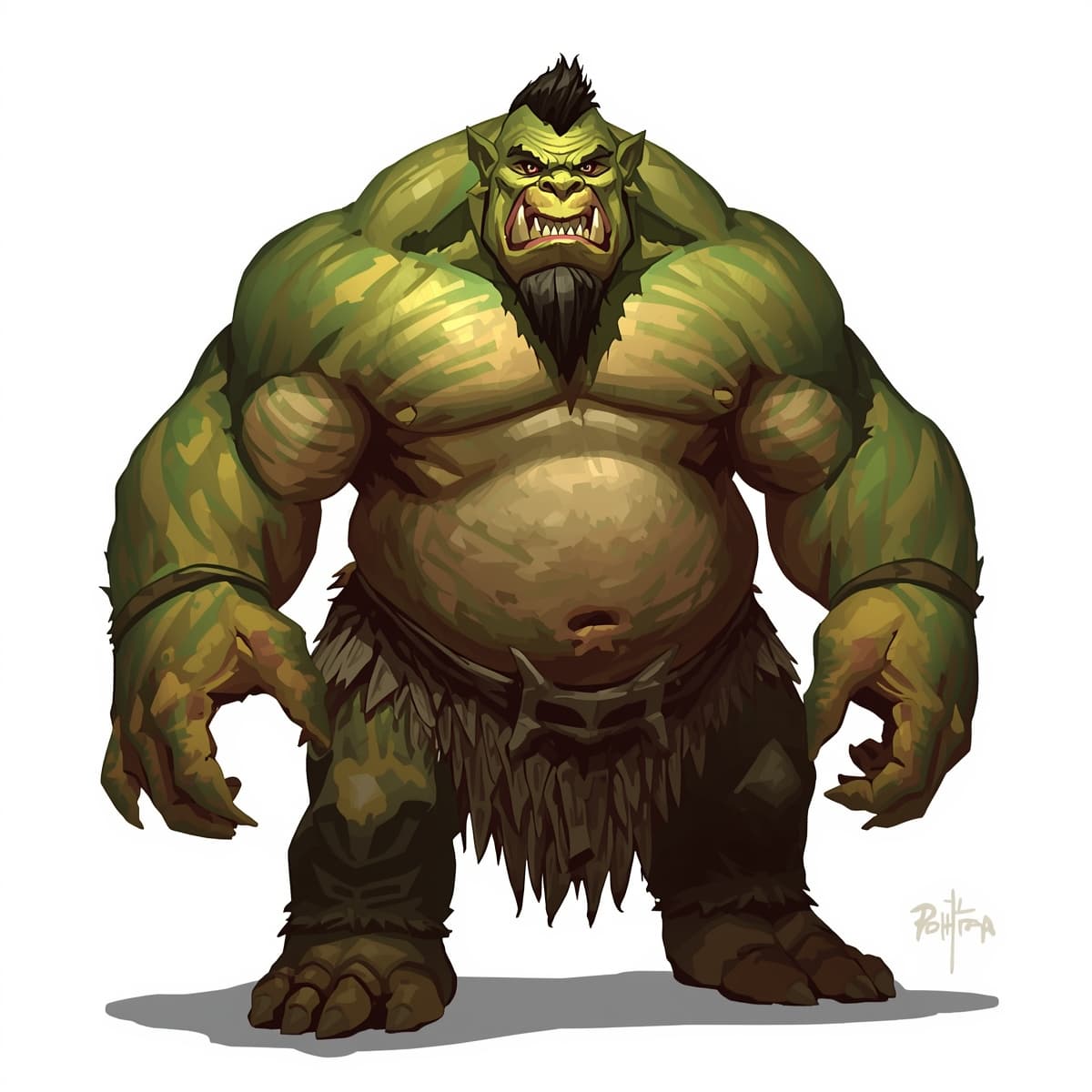 A large, muscular Ogre with green, scaly skin and sharp teeth, standing in a neutral pose, set against a transparent or empty space, viewed from a direct, frontal angle, with a focus on the creature's facial features, including a prominent underbite, small, beady eyes, and a distinctive, bony ridge running along its forehead, rendered in a highly detailed, fantasy art style, with bold lines, vibrant colors, and textured, organic shapes, suitable for use in Dungeons and Dragons, with a sense of dynamic energy and power emanating from the character's stance and expression.