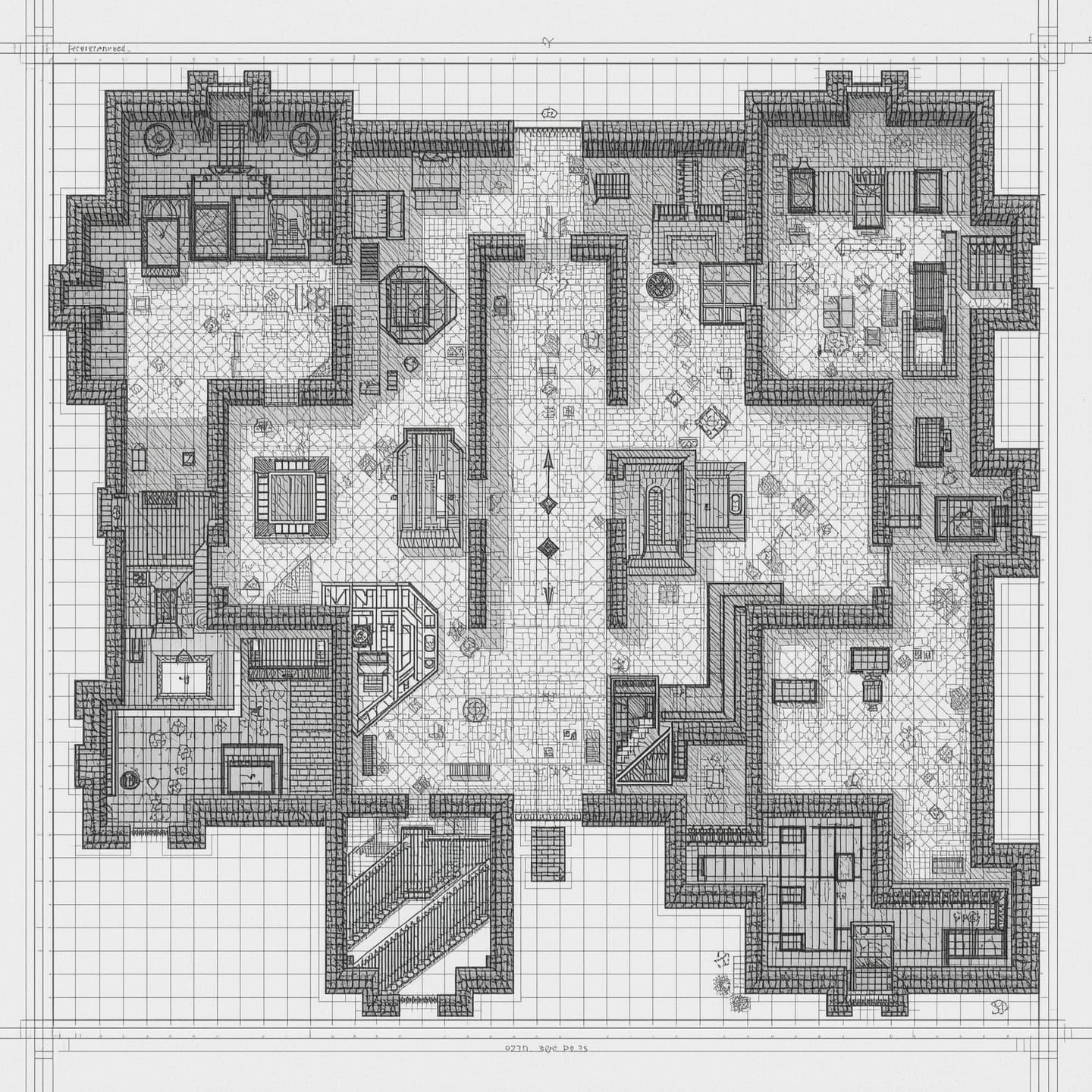 A highly detailed battlemap for Dungeons and Dragons in black and white, rendered in a hand drawn style with intricate lines and textures, presented in a floorplan view with precise measurements and scale, featuring a variety of room shapes and sizes, including corridors, chambers, and potentially hidden passages, all showcased on a grid system to facilitate gameplay, with hand drawn symbols and markings to denote different areas and points of interest, and a range of environmental features such as doors, windows, and stairways, all captured in a beautifully rendered and immersive hand drawn aesthetic.