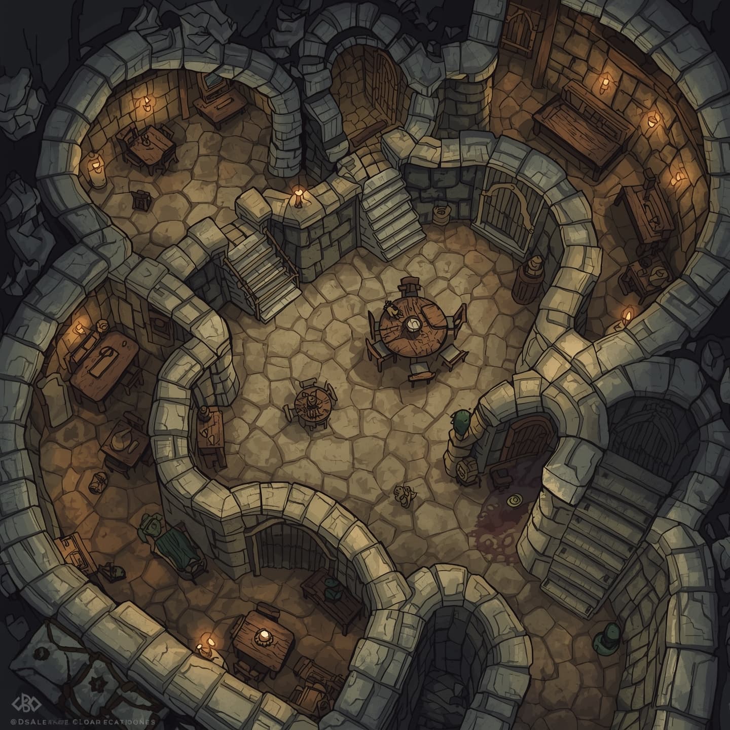 A hand-drawn goblin cave in a top-down floorplan view with a light coloring scheme, featuring intricate stone walls, twisted tunnels, and cavernous spaces, designed for use as a Dungeons and Dragons battlemap, with subtle texture and shading to give it a unique, hand-crafted appearance, including various goblin-made structures and furnishings, such as crude wooden bridges, rickety tables, and flickering torches, all carefully arranged to create a dynamic and immersive environment for DnD gameplay.