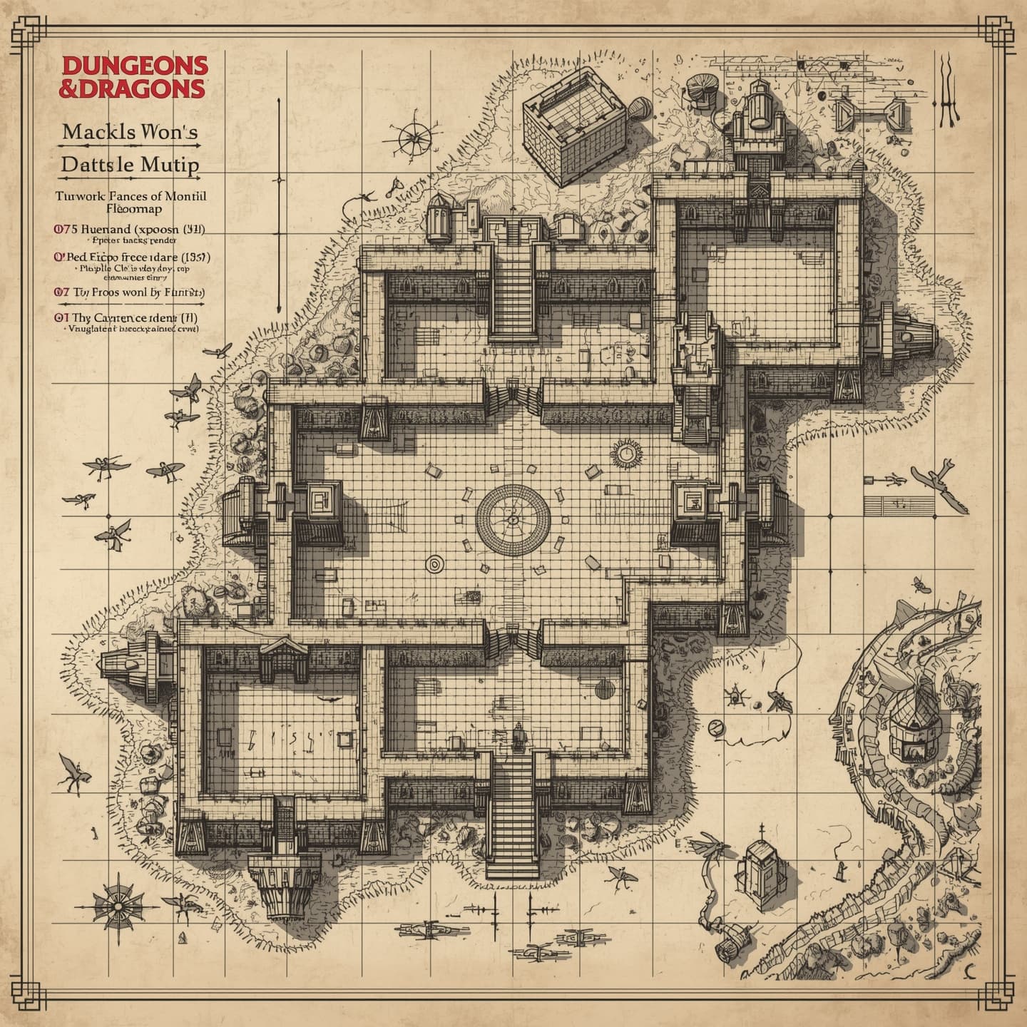 A medieval castle, intricately detailed battlemap for Dungeons and Dragons, rendered in black and white, hand drawn with varying line weights and textures, presented in a floorplan view, showcasing multiple levels and rooms, including a grand hall, towers, and a moat, with hand-drawn labels and symbols, on a grid system, with subtle shading to indicate depth and dimension, and a mix of straight and curved lines to create a sense of complexity and history.