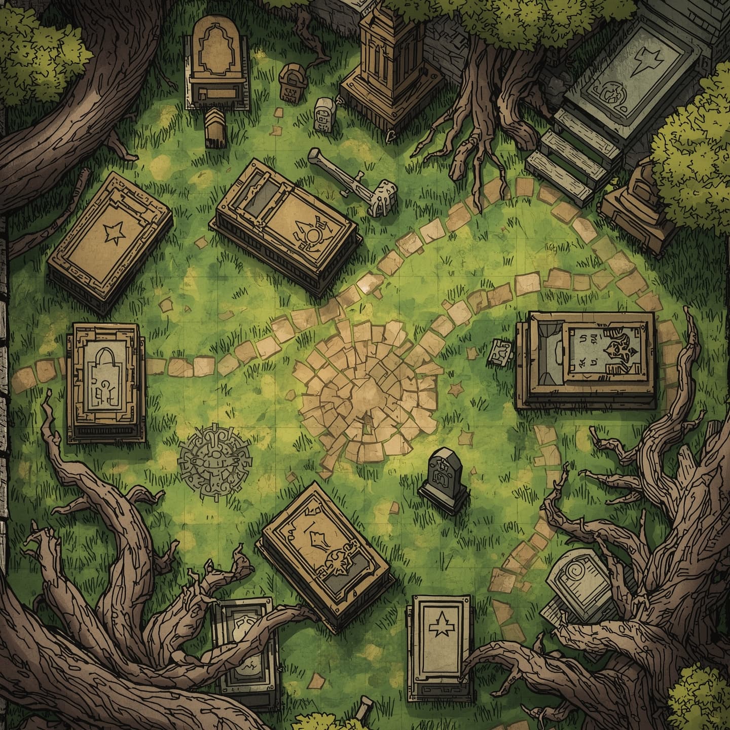 A detailed graveyard battlemap in a top down floorplan view for Dungeons and Dragons, illustrated in a hand drawn style with intricate lines and varying textures, featuring crumbling headstones, overgrown grass, and twisted tree roots, with a mix of faded and vibrant colors to evoke a sense of mystery and foreboding, including subtle shading and hatching to add depth and dimension, with a faint grid pattern to guide player movement and combat, and a variety of gravestones, mausoleums, and other funeral monuments to create a rich and immersive environment.