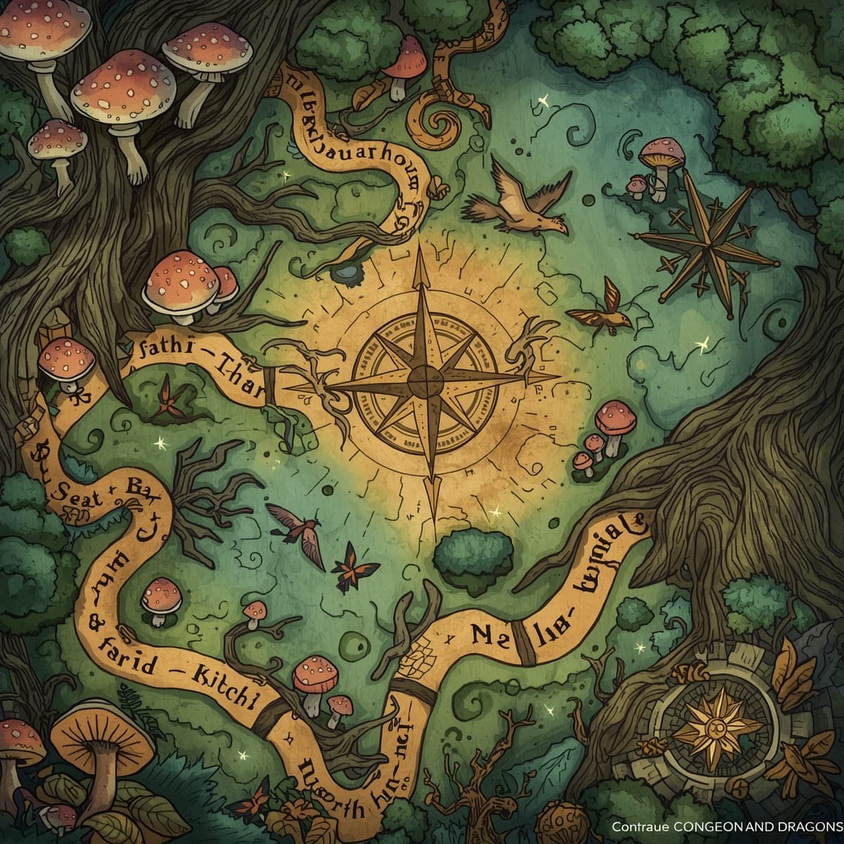 A detailed illustration of a mystical forest map, devoid of any background, specifically designed for Dungeons and Dragons, featuring winding pathways, ancient trees, glowing mushrooms, and twinkling fireflies, with intricate symbols, runes, and markings that glow with a soft, ethereal light, and a compass rose with delicate, swirl-like patterns, all rendered in a whimsical, hand-drawn style with earthy tones, mossy greens, and sky blues, and adorned with fantastical creatures, such as unicorns, dragons, and phoenixes, in the distance, with bold lines, and ornate lettering, and a sense of wonder and enchantment, inviting players to explore the magic that lies within.