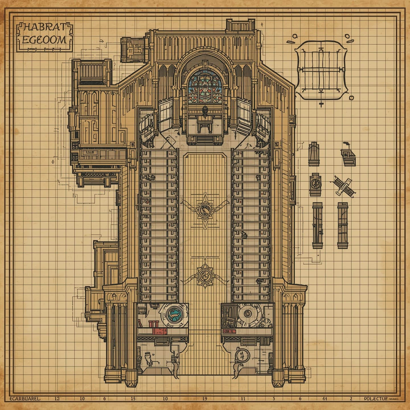 A detailed church floorplan, depicted in a top-down view, suitable for use as a battlemap in Dungeons and Dragons, created with a hand-drawn aesthetic, featuring intricate lines, varying textures, and precise measurements, with a mix of straight and curved lines defining the architecture, including pews, altars, and stained glass windows, all rendered in a stylized, fantastical style with bold lines and vibrant colors, incorporating subtle shading and expressive flourishes, set against a clean, grid-based background to facilitate gameplay and strategy.