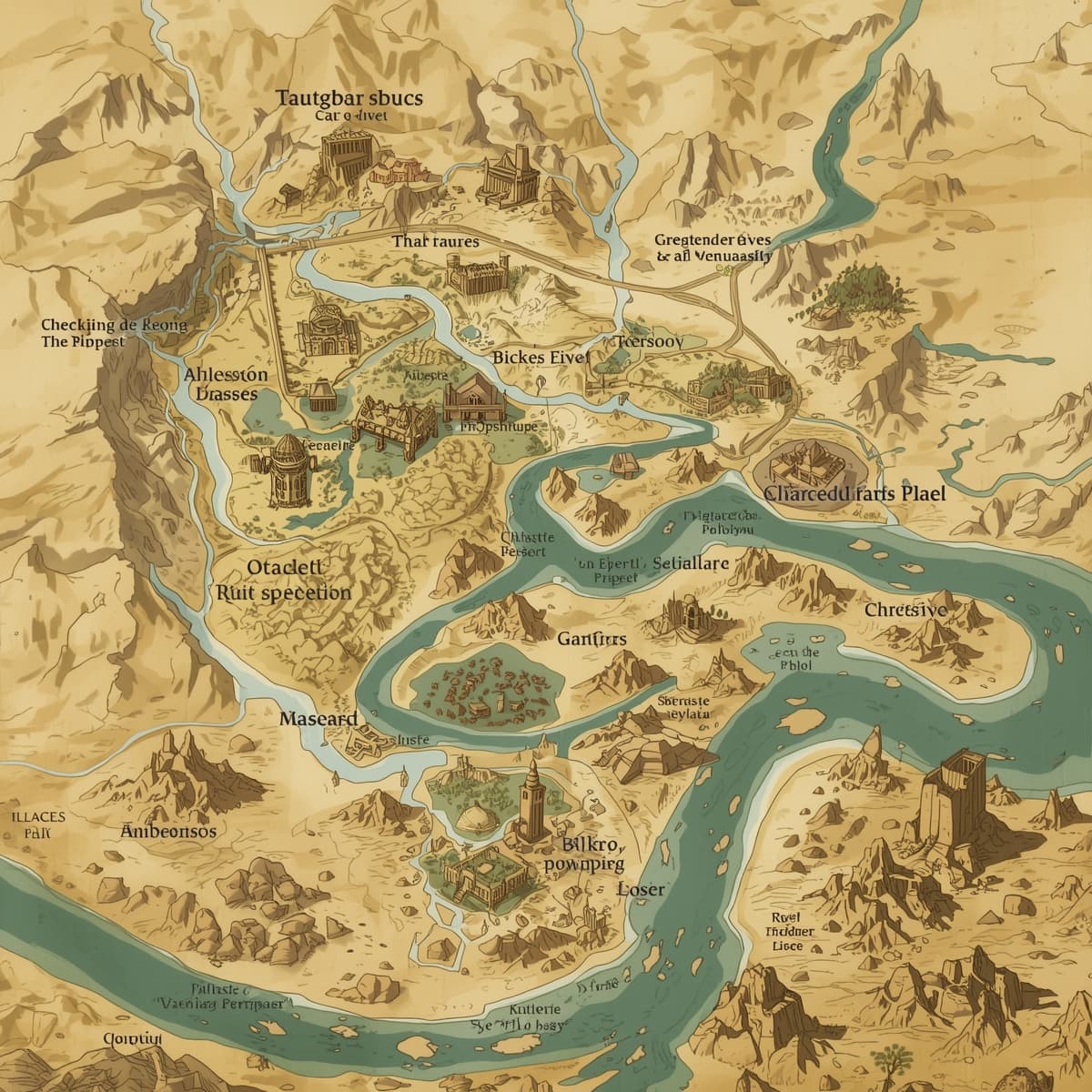 A detailed desert map with intricate illustrations of sand dunes, oases, and rocky outcrops, set against a neutral transparent background, tailored for use in Dungeons and Dragons, featuring a variety of notable locations and landmarks, including ancient ruins, hidden temples, and treacherous canyons, with a hand-drawn or parchment-like texture, and a color scheme dominated by earthy tones such as beige, brown, and tan, with accents of deep blue to represent water sources, and a classic fantasy font used to label key locations and points of interest.