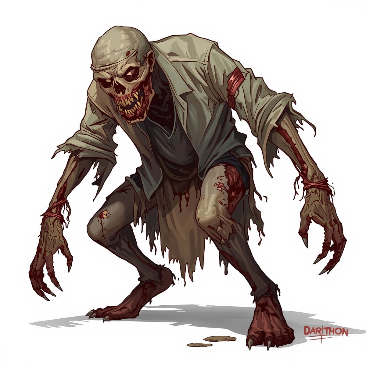 A detailed illustration of a zombie, depicted from head to toe, with no background, specifically designed for Dungeons and Dragons, featuring a grotesque and undead appearance with decaying flesh, exposed bones, and tattered clothing, with a focus on eerie and haunting aesthetics, in a style reminiscent of dark fantasy art, with muted earthy colors and deep shadows, and a sense of dynamic movement and tension, with the zombie's facial features contorted in a snarl, showing yellowed teeth and sunken eyes, and unique attributes such as torn flesh and broken limbs.