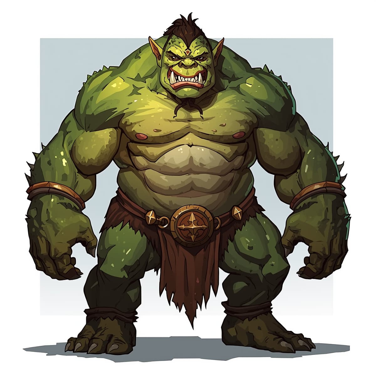 A large, muscular Ogre with green, scaly skin and sharp teeth, standing in a neutral pose, set against a transparent or empty space, viewed from a direct, frontal angle, with a focus on the creature's facial features, including a prominent underbite, small, beady eyes, and a distinctive, bony ridge running along its forehead, rendered in a highly detailed, fantasy art style, with bold lines, vibrant colors, and textured, organic shapes, suitable for use in Dungeons and Dragons, with a sense of dynamic energy and power emanating from the character's stance and expression.