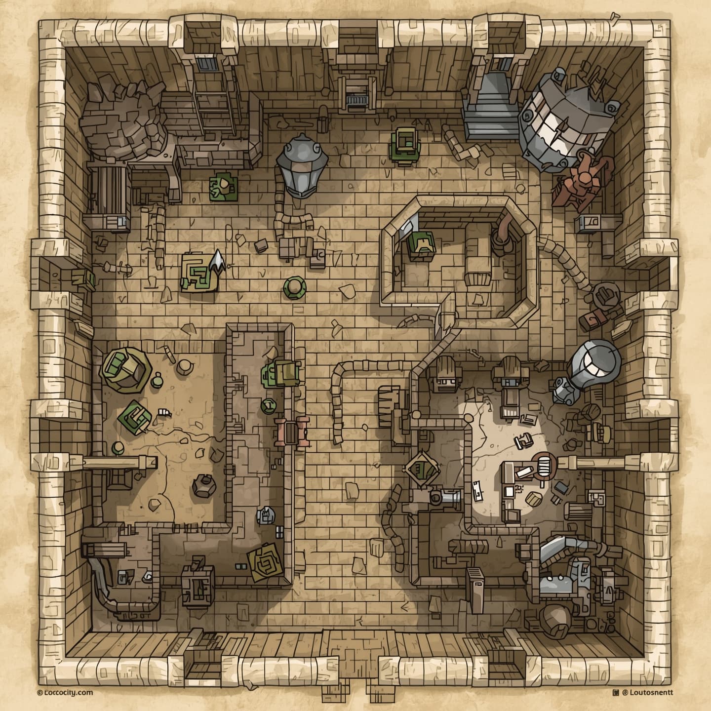 Goblin caves illustrated in a top-down floorplan view with a predominantly light color scheme, specifically designed for Dungeons and Dragons, featuring a detailed dungeon map with winding tunnels, chambers, and hidden passages, incorporating earthy tones and muted shades to evoke a sense of mystery and adventure, with subtle texture and shading to give the map a worn, hand-drawn appearance, including various symbols and markings to denote traps, treasures, and areas of interest, all presented in a clear and concise manner to facilitate immersive gameplay.