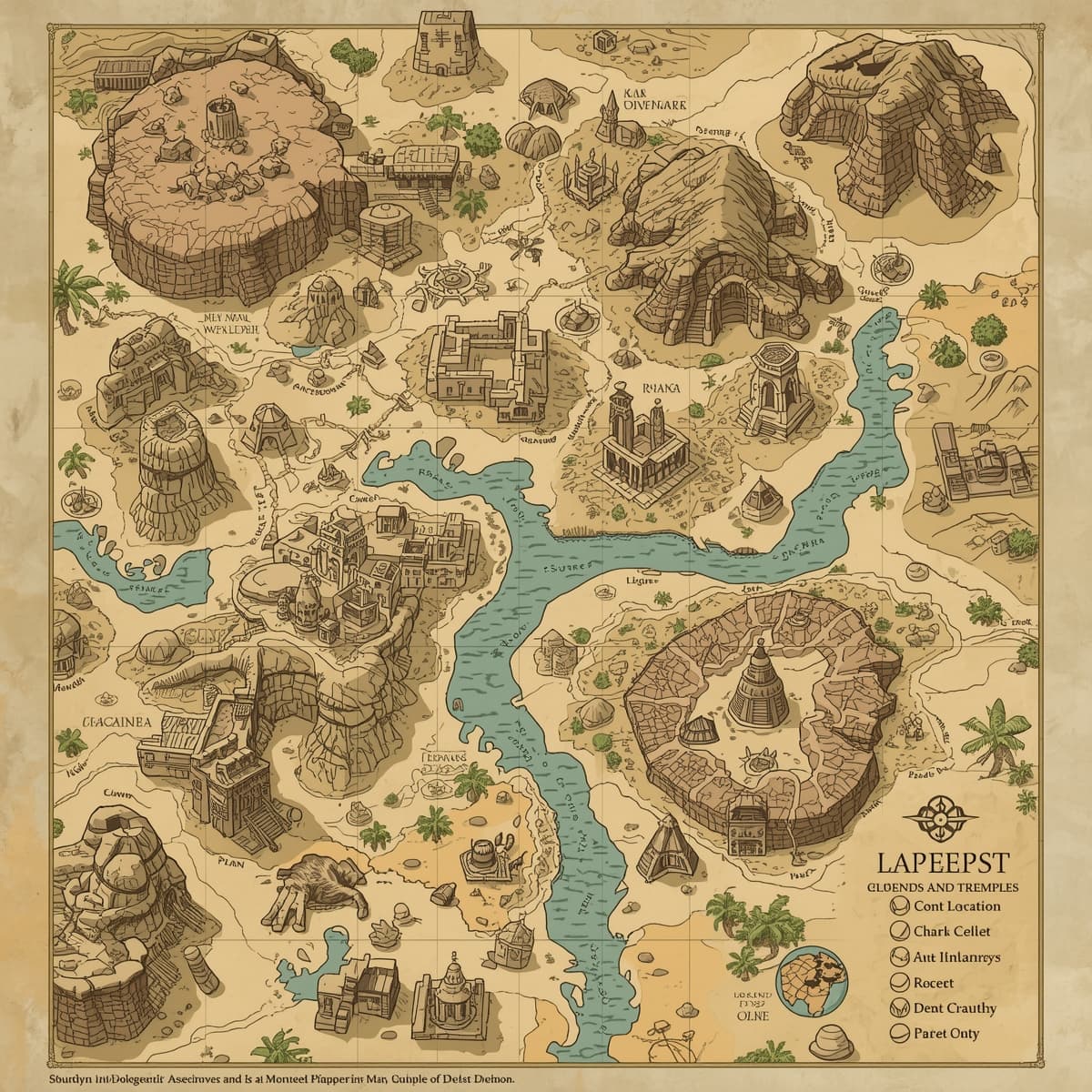 A detailed desert map with intricate illustrations of sand dunes, oases, and rocky outcrops, set against a neutral transparent background, tailored for use in Dungeons and Dragons, featuring a variety of notable locations and landmarks, including ancient ruins, hidden temples, and treacherous canyons, with a hand-drawn or parchment-like texture, and a color scheme dominated by earthy tones such as beige, brown, and tan, with accents of deep blue to represent water sources, and a classic fantasy font used to label key locations and points of interest.
