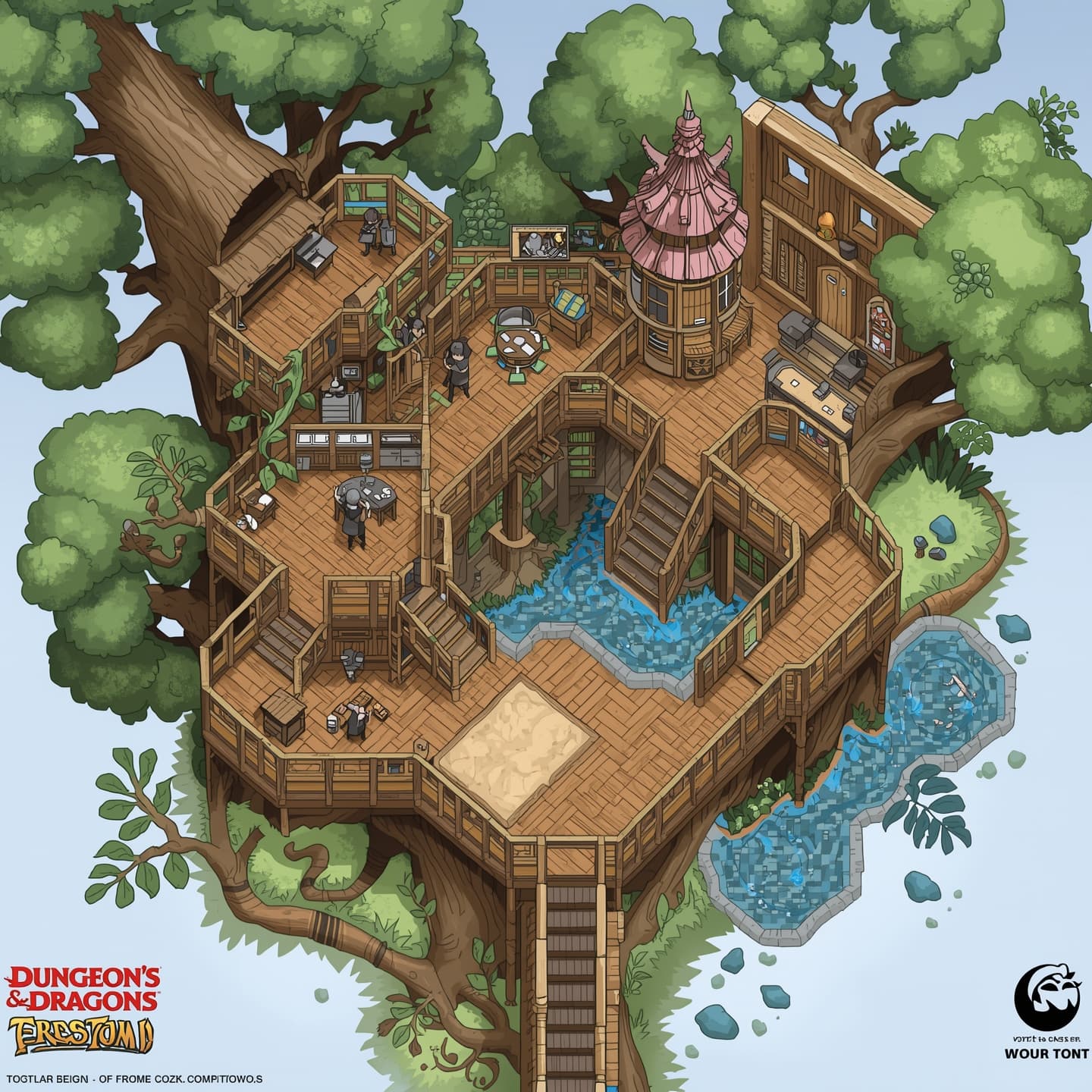 A whimsical treehouse, presented in a top-down floorplan view, with a light and airy coloring scheme, specifically designed for use as a Dungeons and Dragons battlemap, featuring intricate details such as wooden plank floors, winding staircases, and cozy nooks, with a warm and inviting atmosphere, incorporating a mix of natural earthy tones and soft pastel colors, and including various rooms and areas, such as a grand hall, a kitchen, and a lookout tower, all carefully arranged to facilitate thrilling adventures and strategic gameplay.