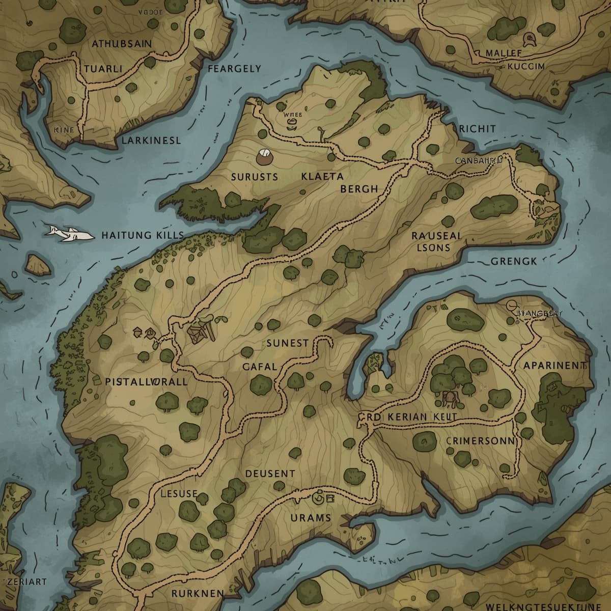 A detailed, illustrated map of rolling hills, devoid of any background elements, specifically designed for use in Dungeons and Dragons campaigns, featuring winding paths, scattered trees, and gently sloping elevations, with a focus on earthy tones such as shades of green, brown, and beige, and including various symbols and markings to denote points of interest, with a hand-drawn or hand-painted style aesthetic, and a layout that is easy to read and navigate, with bold lines and clear typography to identify notable locations and features.