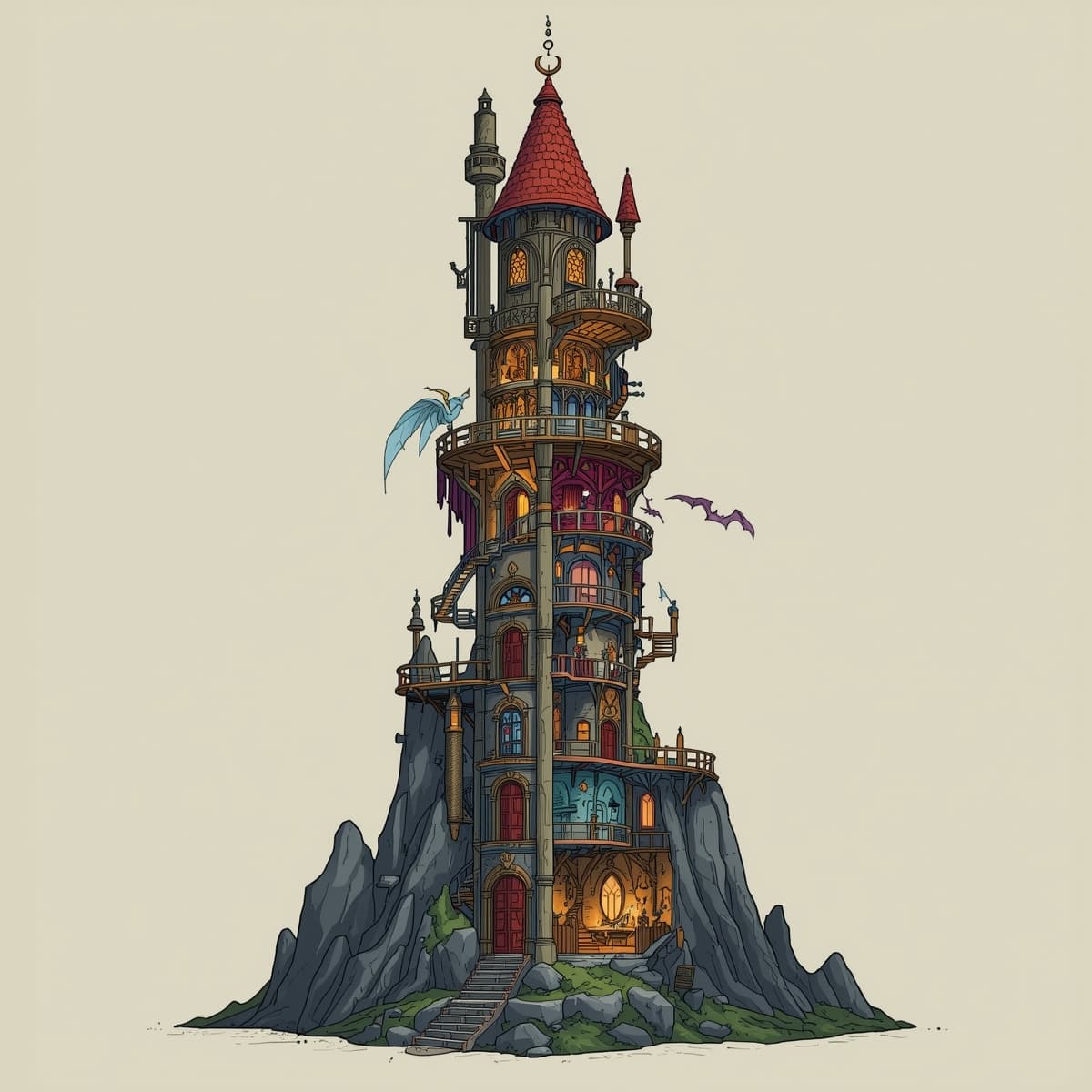 A detailed illustration of a multilevel wizards tower, depicted from head to toe, with intricate architectural features, staircases, and balconies, set against a neutral blank space, showcasing the tower's internal layout and structures, with a mix of mystical and ancient elements, featuring a grand entrance, multiple levels of spellcasting chambers, laboratories, and observatories, all carefully crafted for use in Dungeons and Dragons, with a focus on showcasing the tower's grandeur and magical aura, incorporating a sense of mysticism and wonder, with bold lines, vibrant colors, and meticulous details, highlighting the wizard's lair as a place of ancient wisdom, magical discovery, and powerful spellcasting.