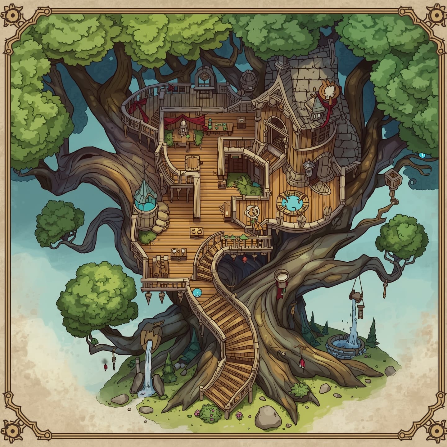 A whimsical magical treehouse, depicted in a top-down floorplan view, with a predominantly light color scheme, featuring intricate details and a sense of wonder, designed for use as a Dungeons and Dragons battlemap, with a stylized layout and framing that showcases the treehouse's unique architecture, including curved branches and twisting trunks, with various rooms and levels, and possibly some magical symbols or glowing runes, all presented in a vibrant and immersive style that brings the fantasy world to life.