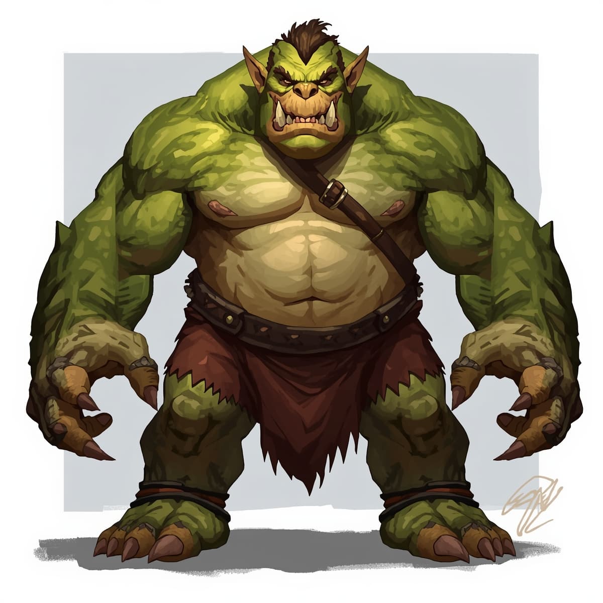 A large, muscular Ogre with green, scaly skin and sharp teeth, standing in a neutral pose, set against a transparent or empty space, viewed from a direct, frontal angle, with a focus on the creature's facial features, including a prominent underbite, small, beady eyes, and a distinctive, bony ridge running along its forehead, rendered in a highly detailed, fantasy art style, with bold lines, vibrant colors, and textured, organic shapes, suitable for use in Dungeons and Dragons, with a sense of dynamic energy and power emanating from the character's stance and expression.
