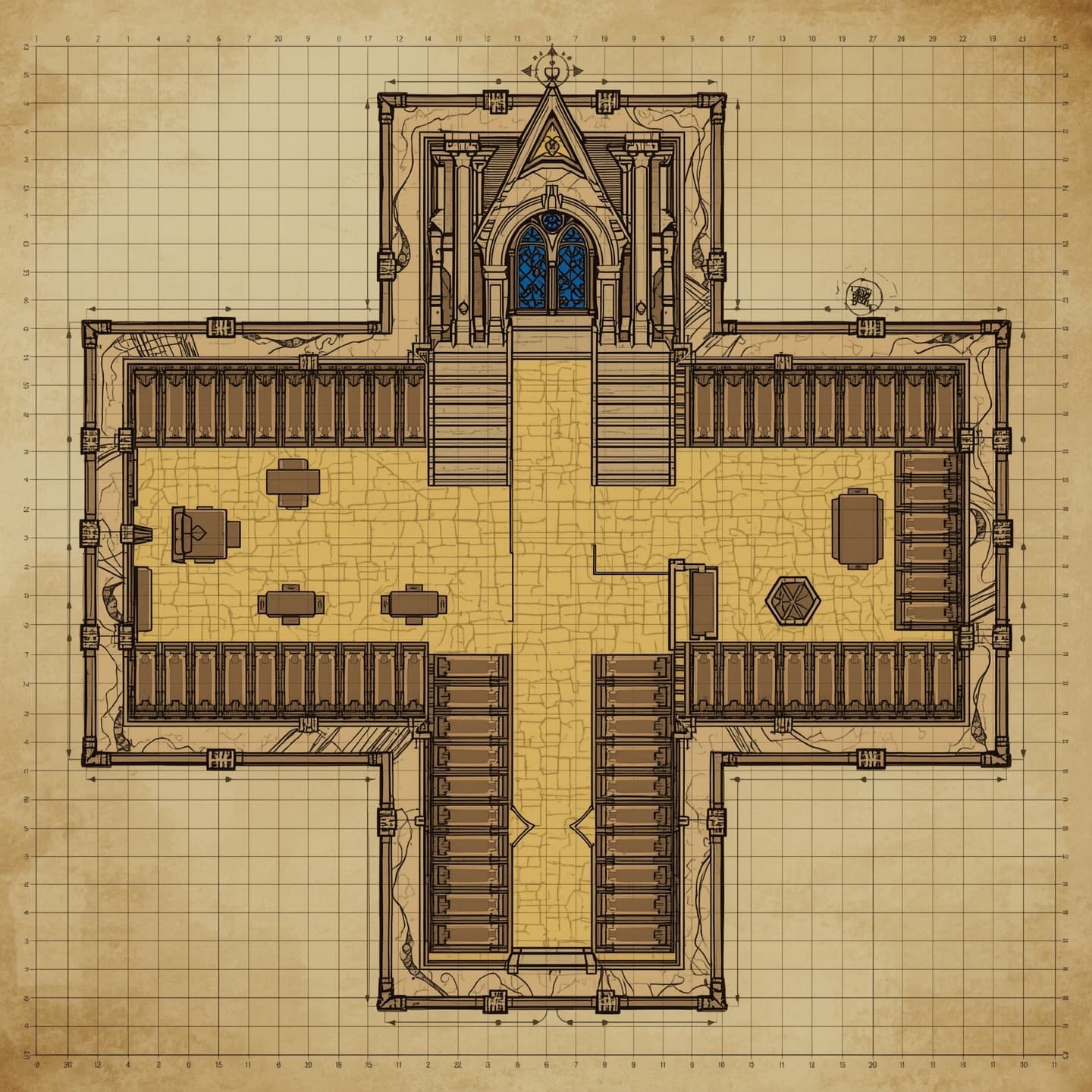 A detailed church floorplan, depicted in a top-down view, suitable for use as a battlemap in Dungeons and Dragons, created with a hand-drawn aesthetic, featuring intricate lines, varying textures, and precise measurements, with a mix of straight and curved lines defining the architecture, including pews, altars, and stained glass windows, all rendered in a stylized, fantastical style with bold lines and vibrant colors, incorporating subtle shading and expressive flourishes, set against a clean, grid-based background to facilitate gameplay and strategy.