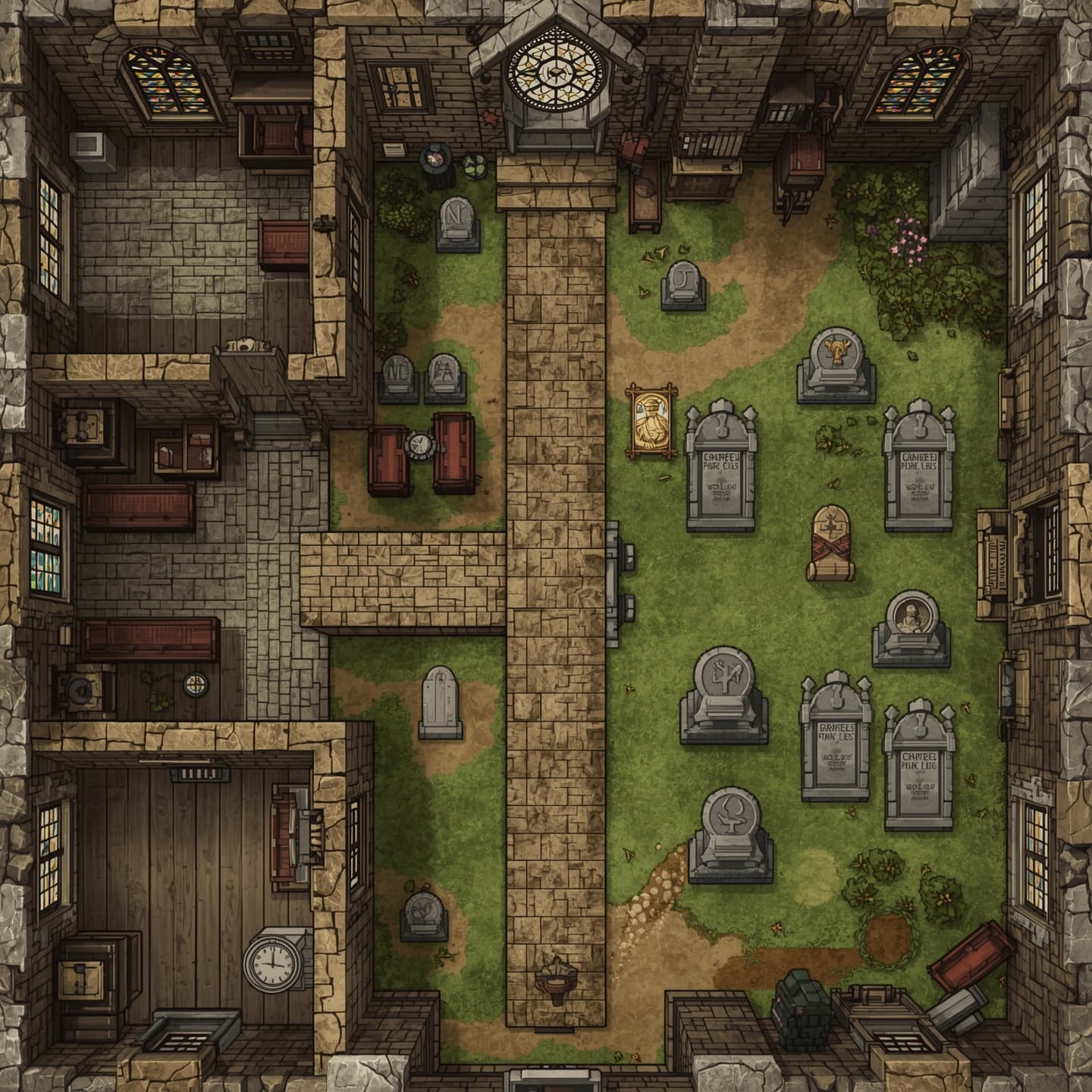 A detailed old church floorplan with a graveyard located at the back, presented in a battlemap style with a top down view, specifically designed for use in Dungeons and Dragons, featuring stone walls, wooden pews, and stained glass windows, with various graves and tombstones scattered throughout the graveyard, each with intricate carvings and faded epitaphs, the entire scene rendered in a mix of earthy tones and muted colors, with the church's interior and graveyard carefully laid out to facilitate strategic gameplay and exploration.
