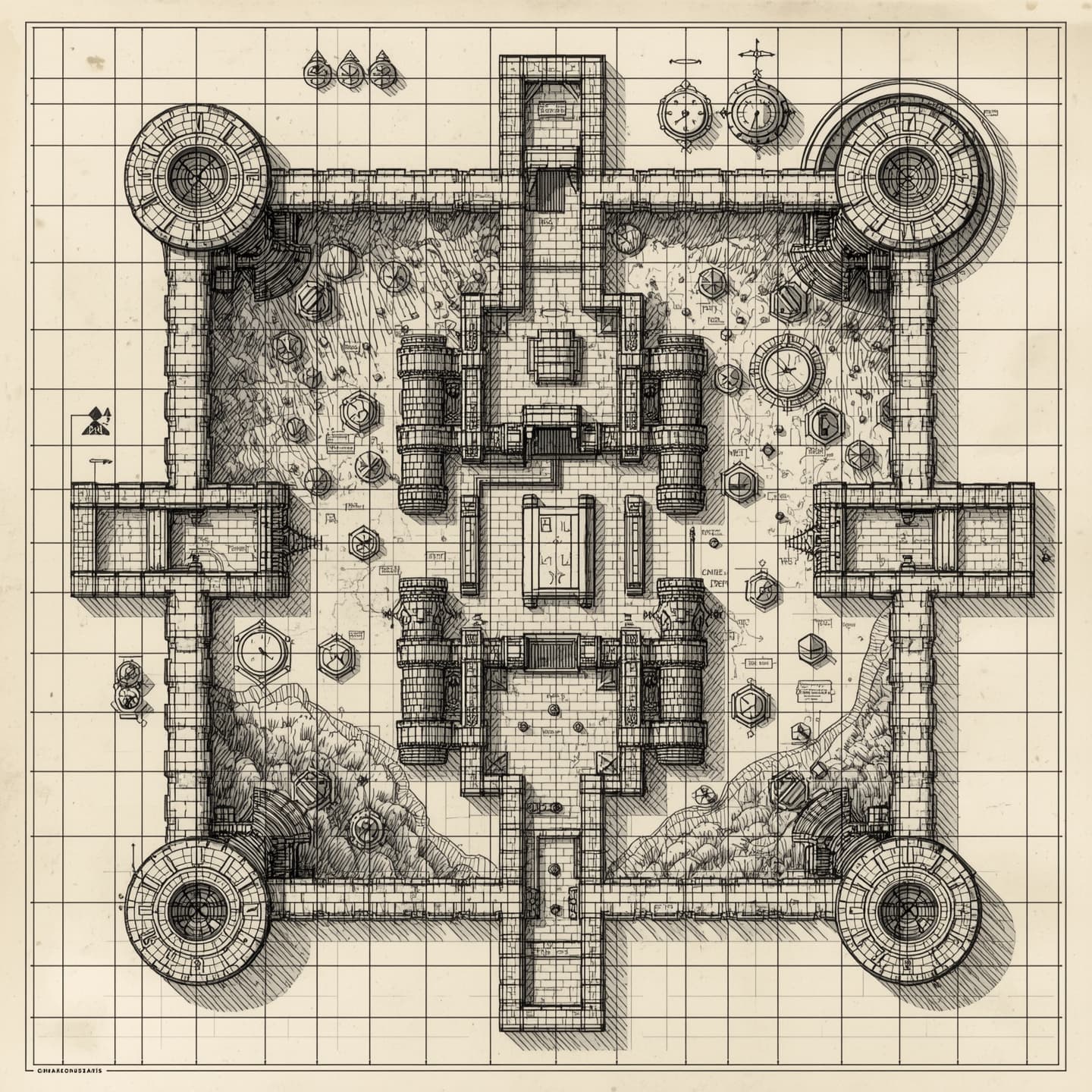 A medieval castle, intricately detailed battlemap for Dungeons and Dragons, rendered in black and white, hand drawn with varying line weights and textures, presented in a floorplan view, showcasing multiple levels and rooms, including a grand hall, towers, and a moat, with hand-drawn labels and symbols, on a grid system, with subtle shading to indicate depth and dimension, and a mix of straight and curved lines to create a sense of complexity and history.