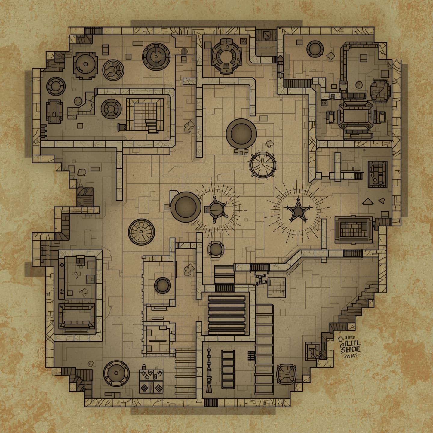 Goblin caves illustrated in a top-down floorplan view with a predominantly light color scheme, specifically designed for Dungeons and Dragons, featuring a detailed dungeon map with winding tunnels, chambers, and hidden passages, incorporating earthy tones and muted shades to evoke a sense of mystery and adventure, with subtle texture and shading to give the map a worn, hand-drawn appearance, including various symbols and markings to denote traps, treasures, and areas of interest, all presented in a clear and concise manner to facilitate immersive gameplay.