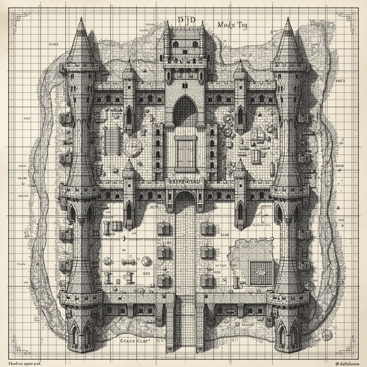 A medieval castle, intricately detailed battlemap for Dungeons and Dragons, rendered in black and white, hand drawn with varying line weights and textures, presented in a floorplan view, showcasing multiple levels and rooms, including a grand hall, towers, and a moat, with hand-drawn labels and symbols, on a grid system, with subtle shading to indicate depth and dimension, and a mix of straight and curved lines to create a sense of complexity and history.