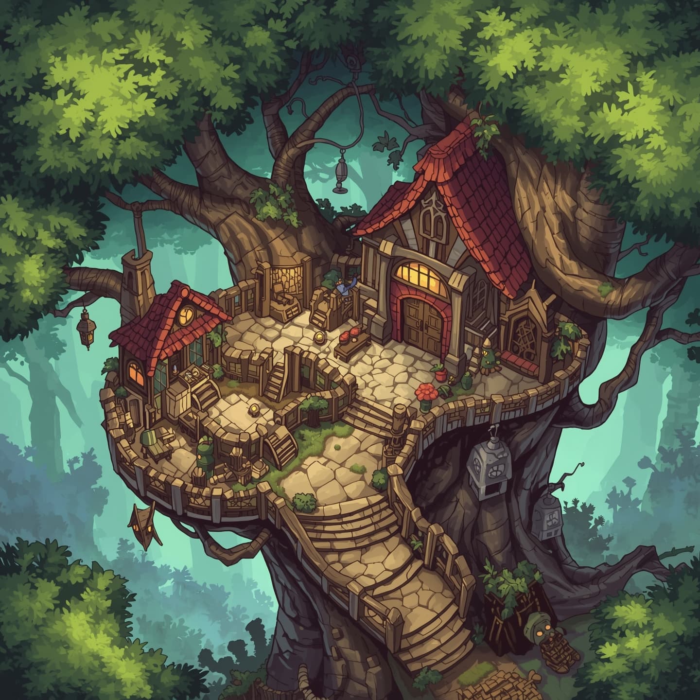 A whimsical magical treehouse, depicted in a top-down floorplan view, with a predominantly light color scheme, featuring intricate details and a sense of wonder, designed for use as a Dungeons and Dragons battlemap, with a stylized layout and framing that showcases the treehouse's unique architecture, including curved branches and twisting trunks, with various rooms and levels, and possibly some magical symbols or glowing runes, all presented in a vibrant and immersive style that brings the fantasy world to life.