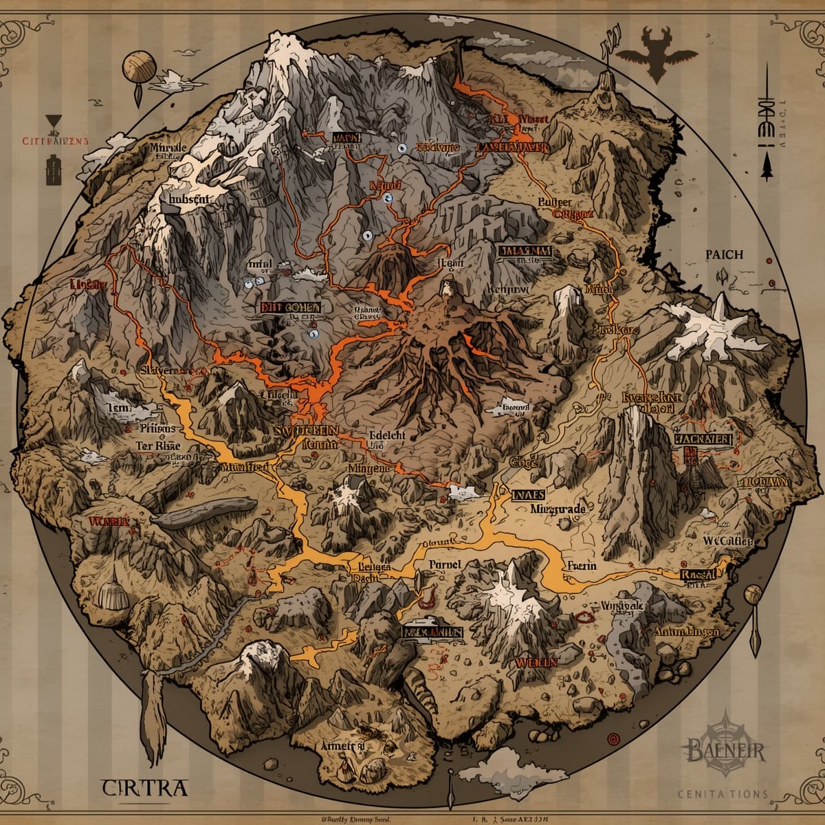 A detailed volcano map with intricate illustrations of mountainous terrain, lava flows, and volcanic peaks, set against a transparent background, designed specifically for use in Dungeons and Dragons, featuring a mix of earthy tones such as browns, tans, and grays, with bold black lines and labels to highlight notable locations and terrain features, including winding paths, rocky outcroppings, and potentially hidden dangers, all presented in a fantasy-style cartography with ornate font styles and symbols, inviting players to explore the volcanic landscape.